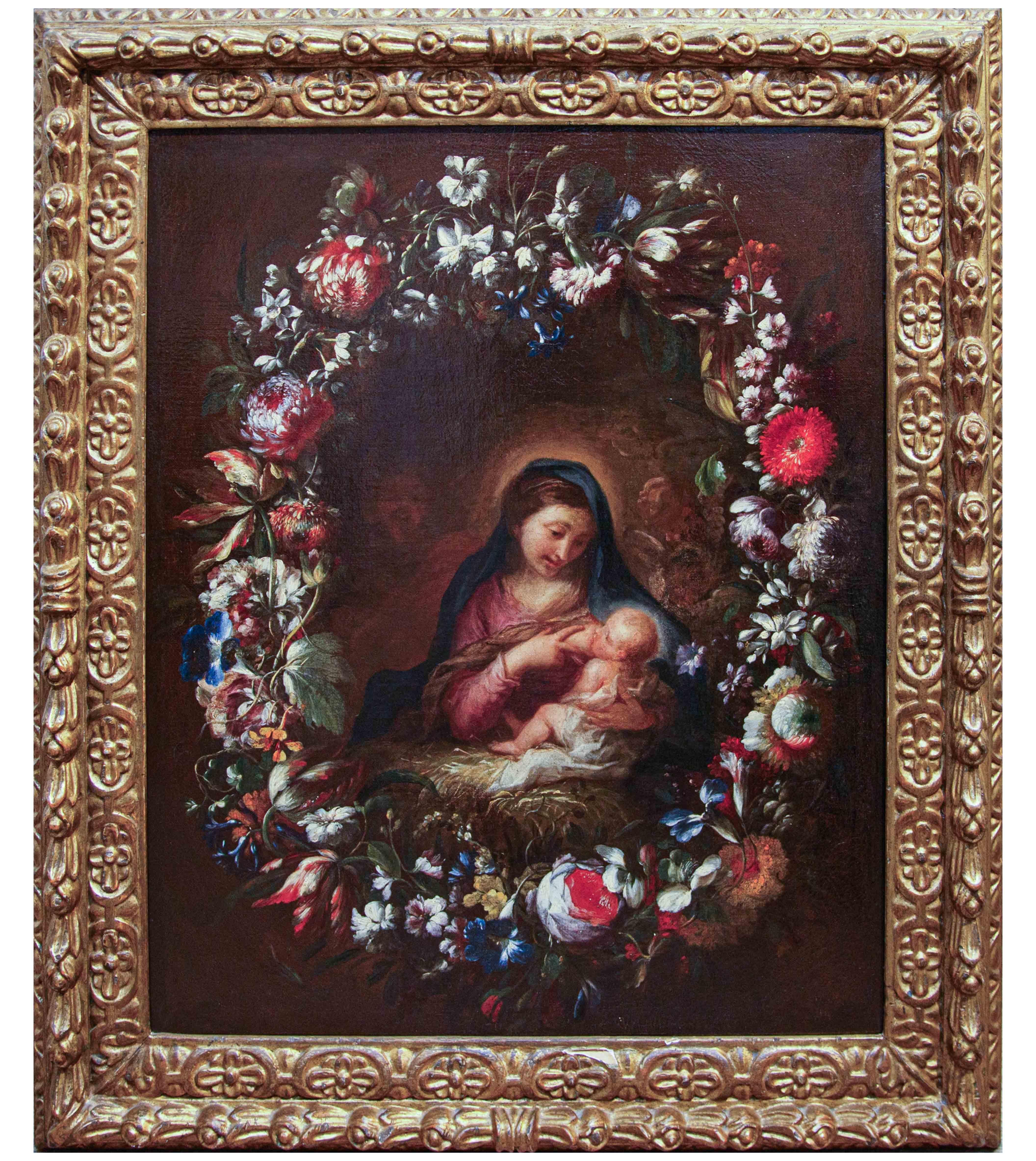 Andrea Belvedere's circle (Naples, 1646/52-1732), second half of the 17th century
Flower garland with Madonna nursing Child, St. Joseph and angels
Oil on canvas, 73 x 60 cm
Framed, 90 x 78 cm

With Jan Brueghel the Elder and Pieter Paul Rubens the