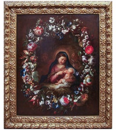Guirlande de fleurs avec Sainte Famille toile de la Cerchia d'Andrea Belvedere