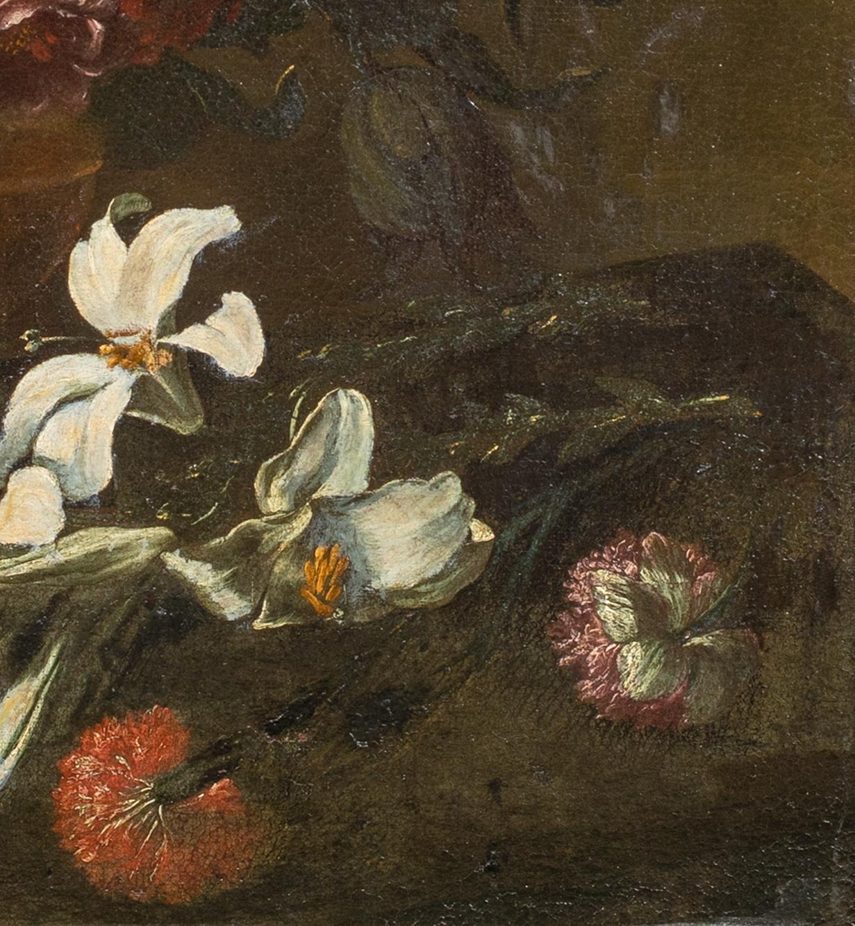 Still Life Of Flowers & A Parrot, 17th Century - Brown Still-Life Painting by Andrea Belvedere