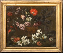 Antique Still Life Of Flowers & A Parrot, 17th Century