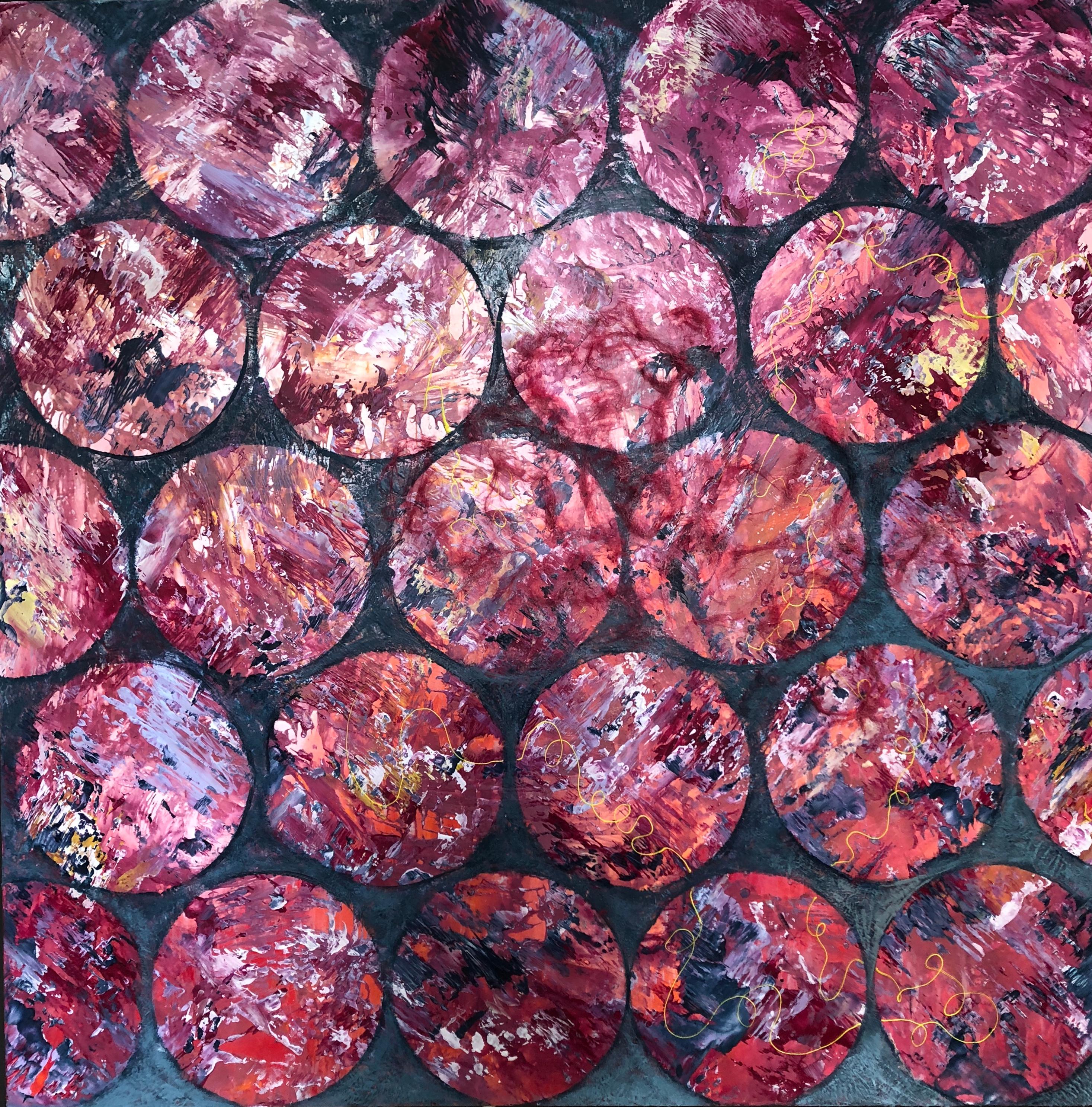 Series: Many Moons

Andrea’s encaustic Many Moons encompasses warm, soothing tones whilst complemented by darker tints of indigo and a splash of yellow. The color combinations break down barrier walls within the confining circles. The carefully