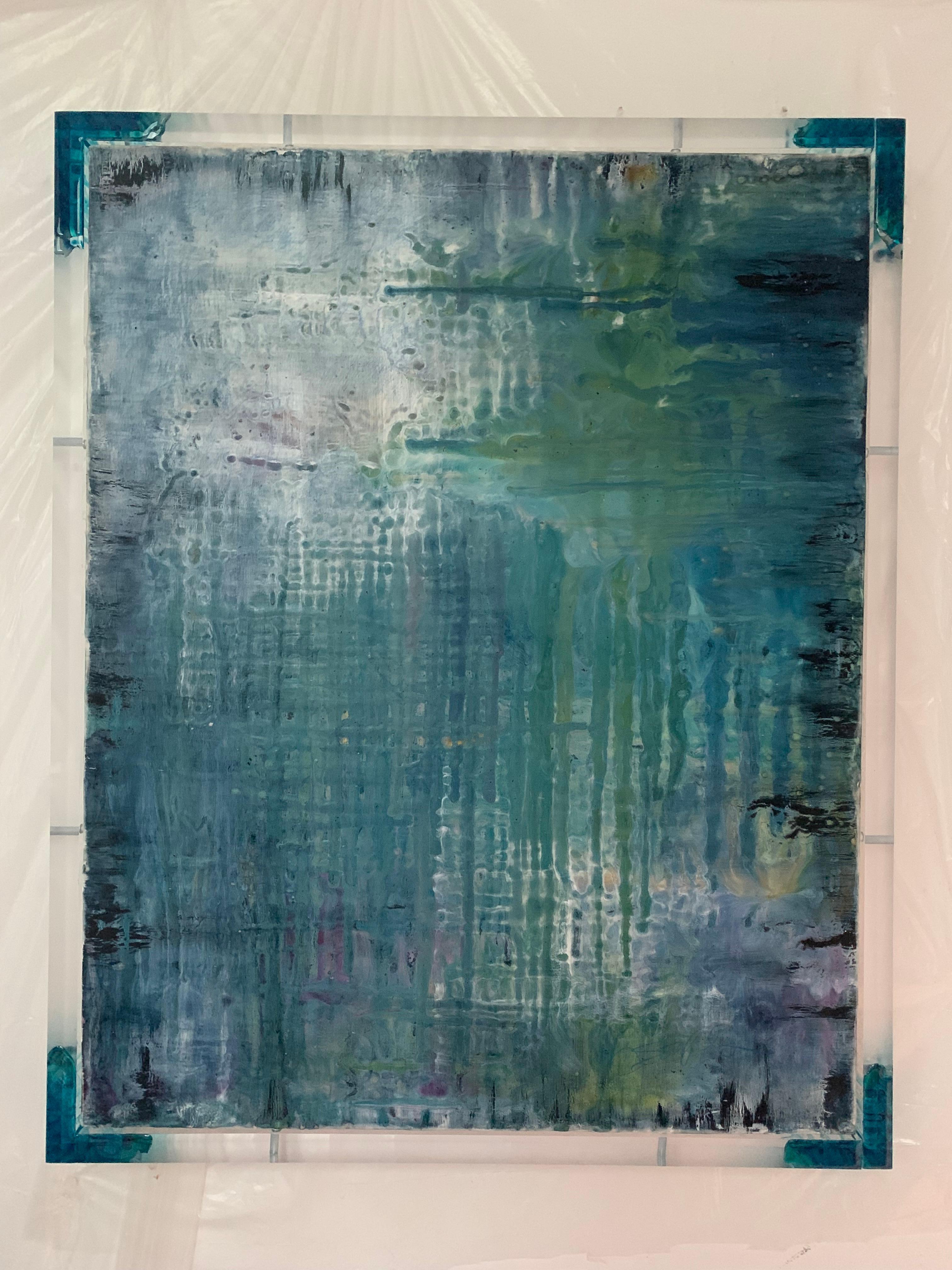 Encaustic and oil with acrylic frame

1/1, While experiencing the flow and drips of molten beeswax and the partial mixing of blue, cyan and purple in Pool Lights, calm is created within chaos. The white overlay guides the viewer towards the
