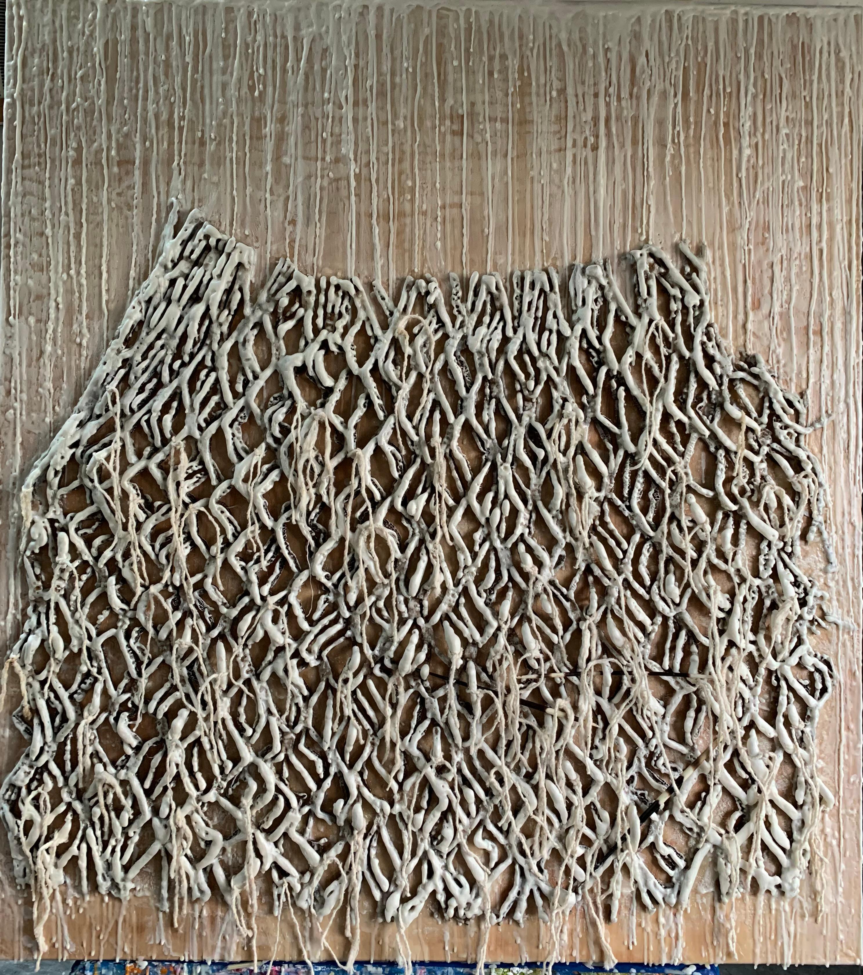 Series: Wax Weave

In Andrea’s Wax Weave, the pure whites and creams, coupled with the darker undertones of the interconnected paper has a calming effect for contemplation. The downward flow of molten beeswax passing through the paper’s
