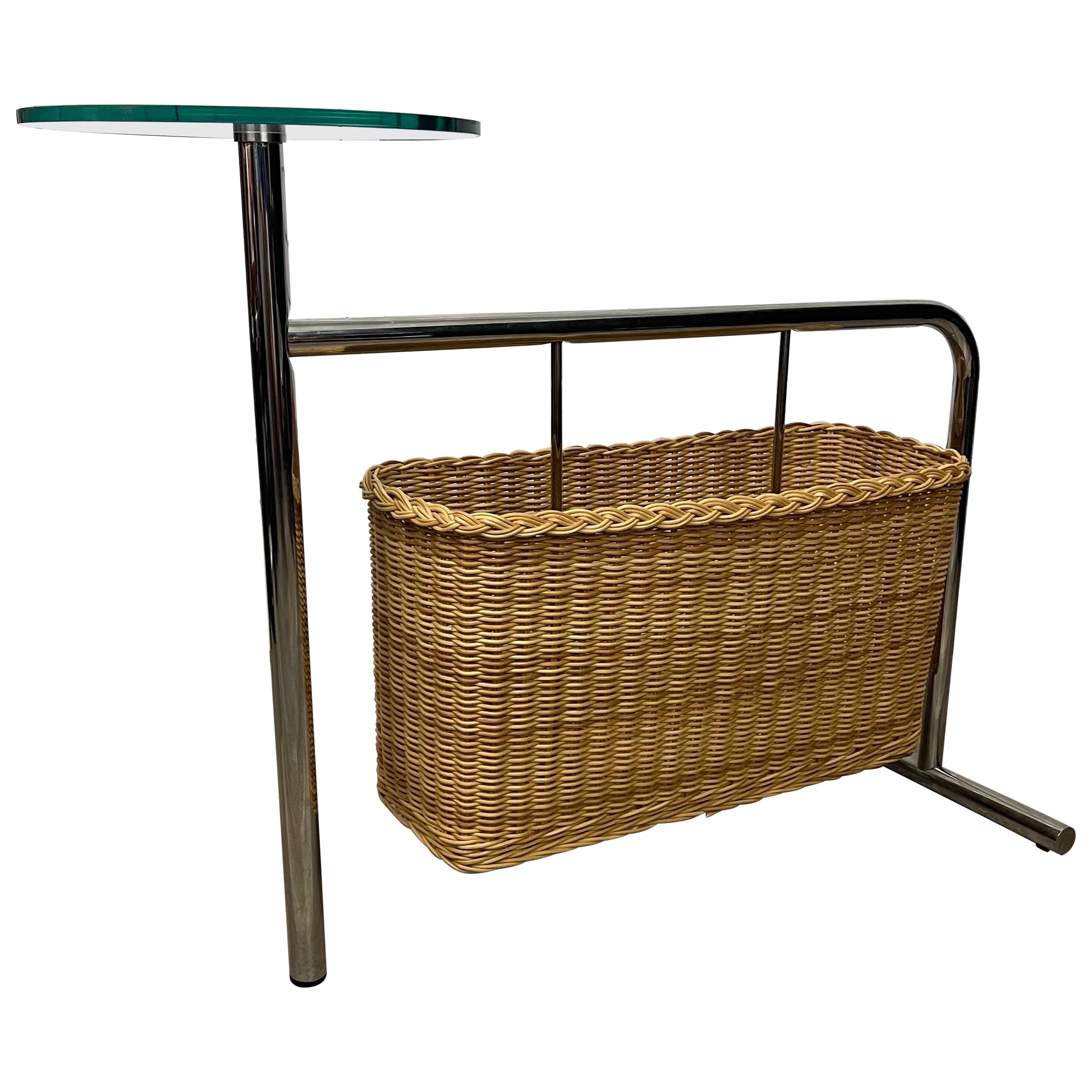 Andrea Branzi for Zanotta, "Potto" Chrome Wicker Side Table Magazine Holder Rack
