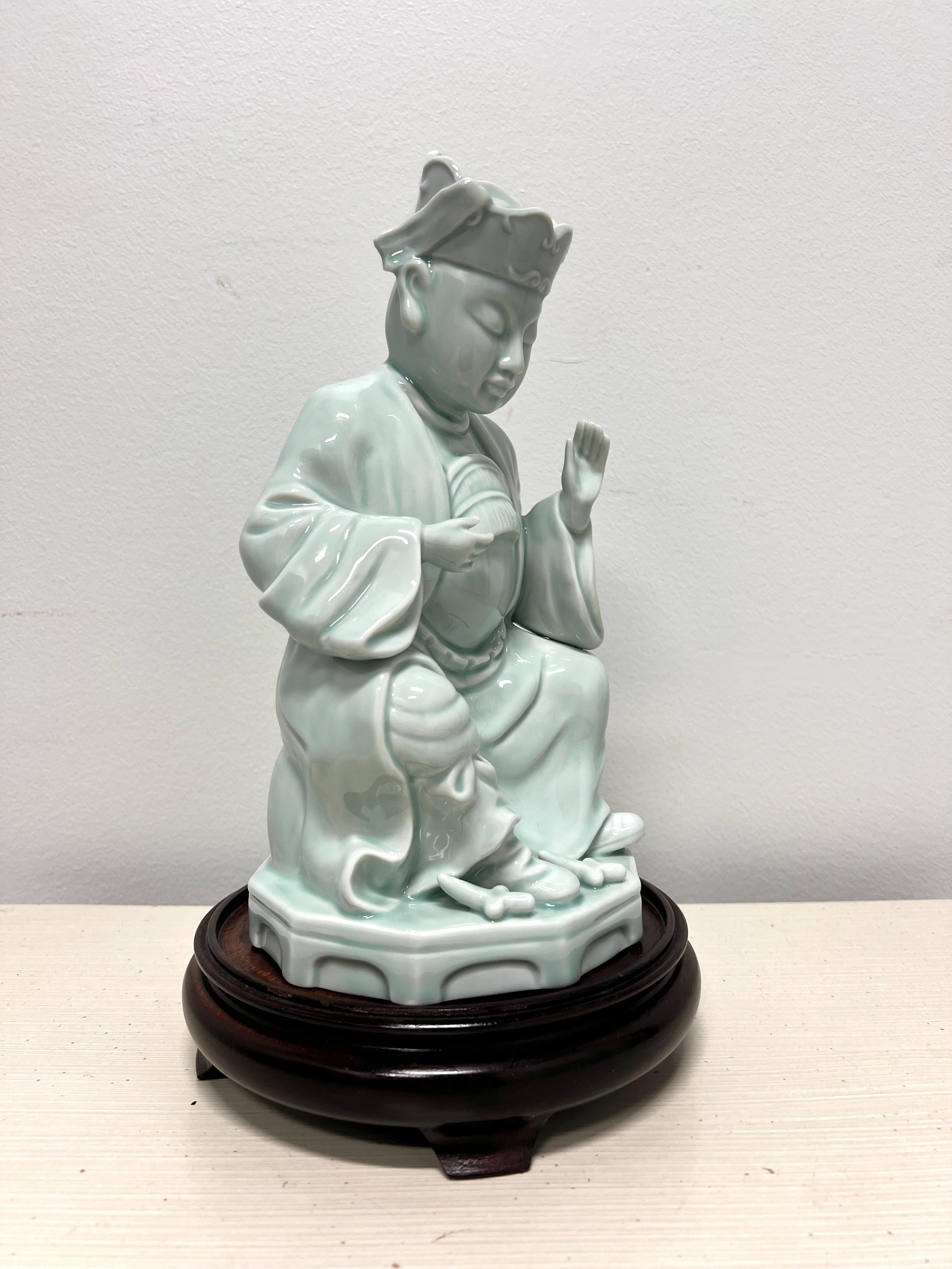 Chinoiserie ANDREA BY SADEK Blue Porcelain Buddha Figurine on Stand For Sale