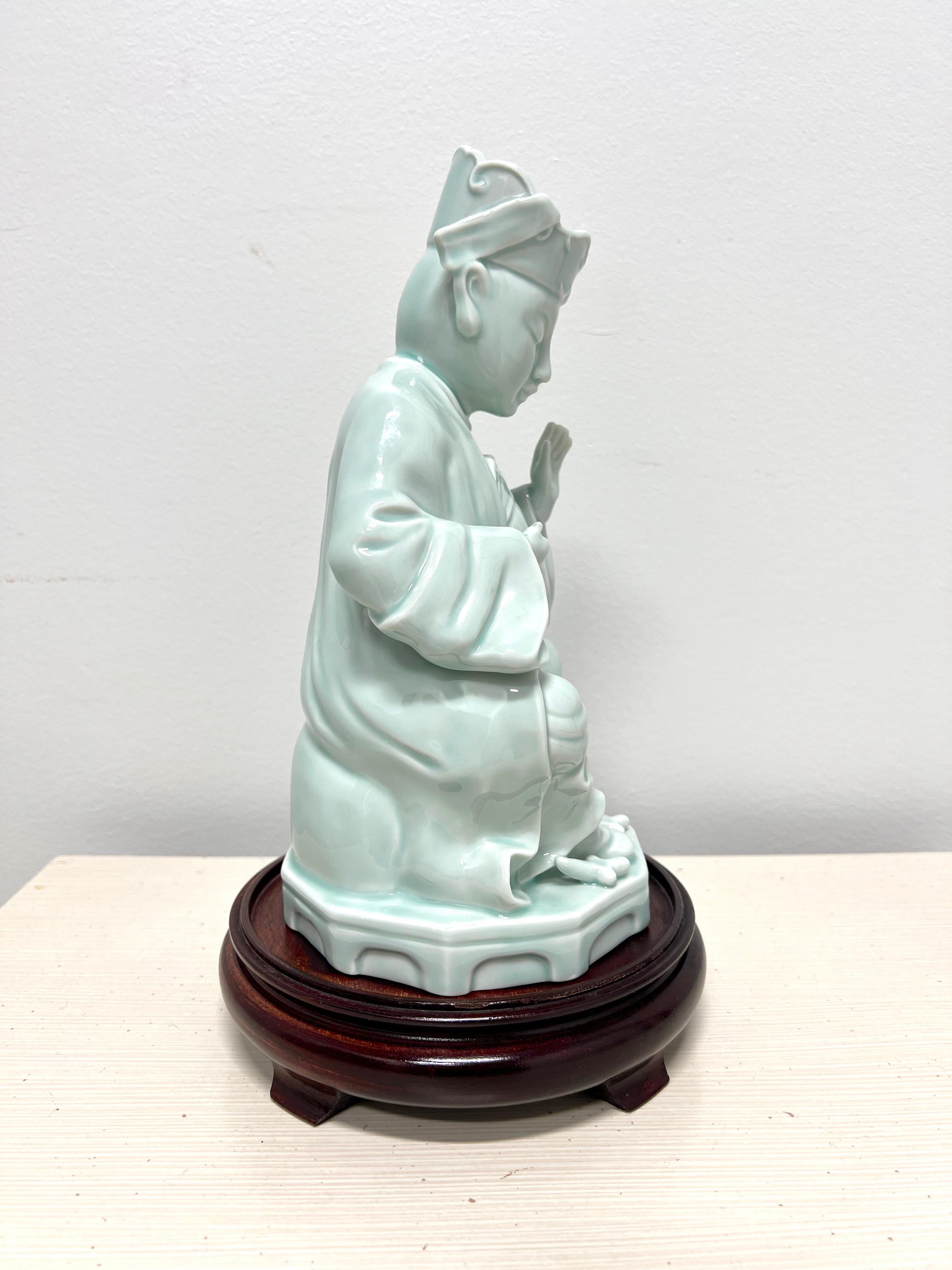 Japanese ANDREA BY SADEK Blue Porcelain Buddha Figurine on Stand For Sale