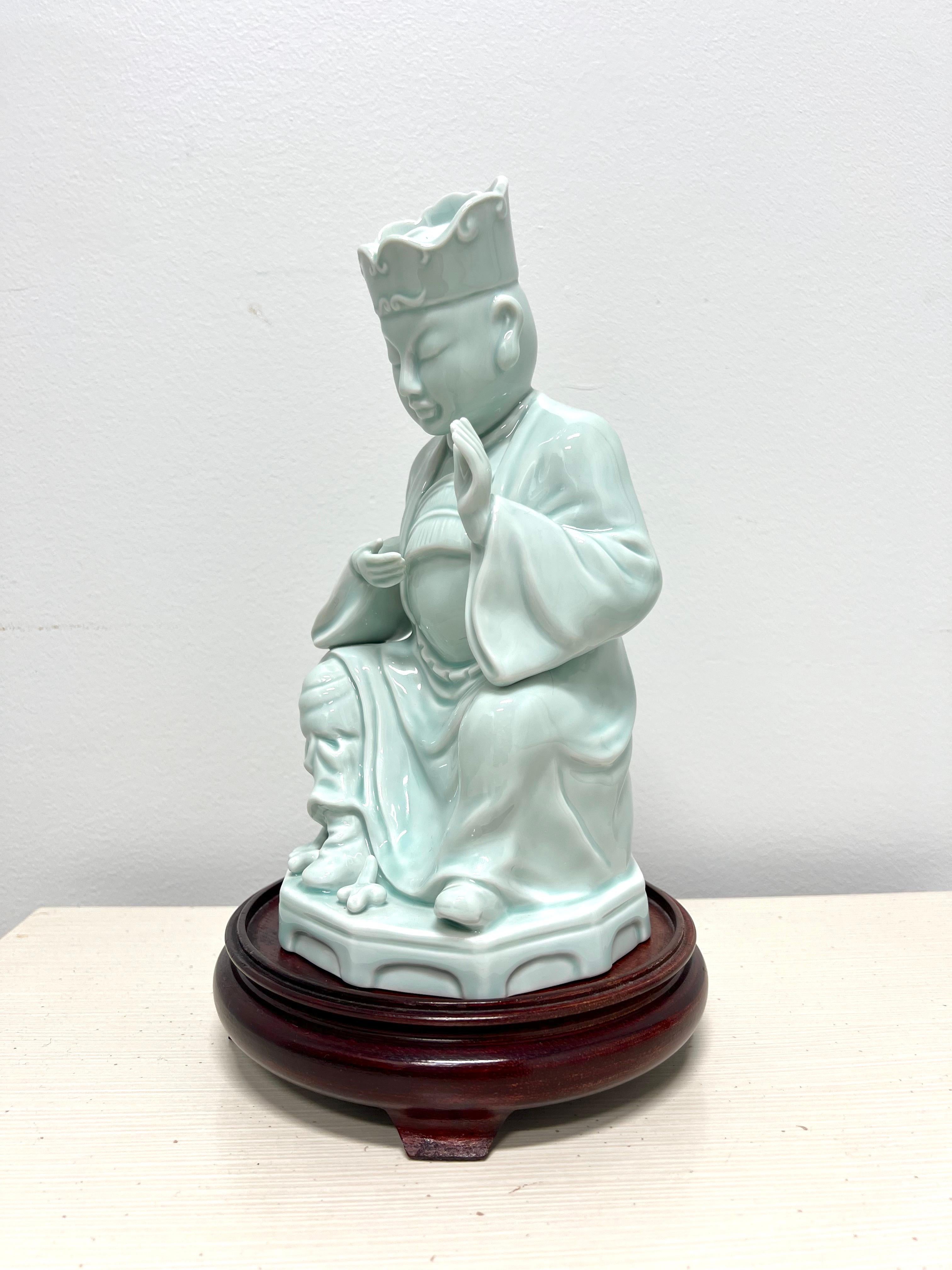 ANDREA BY SADEK Blue Porcelain Buddha Figurine on Stand For Sale 1