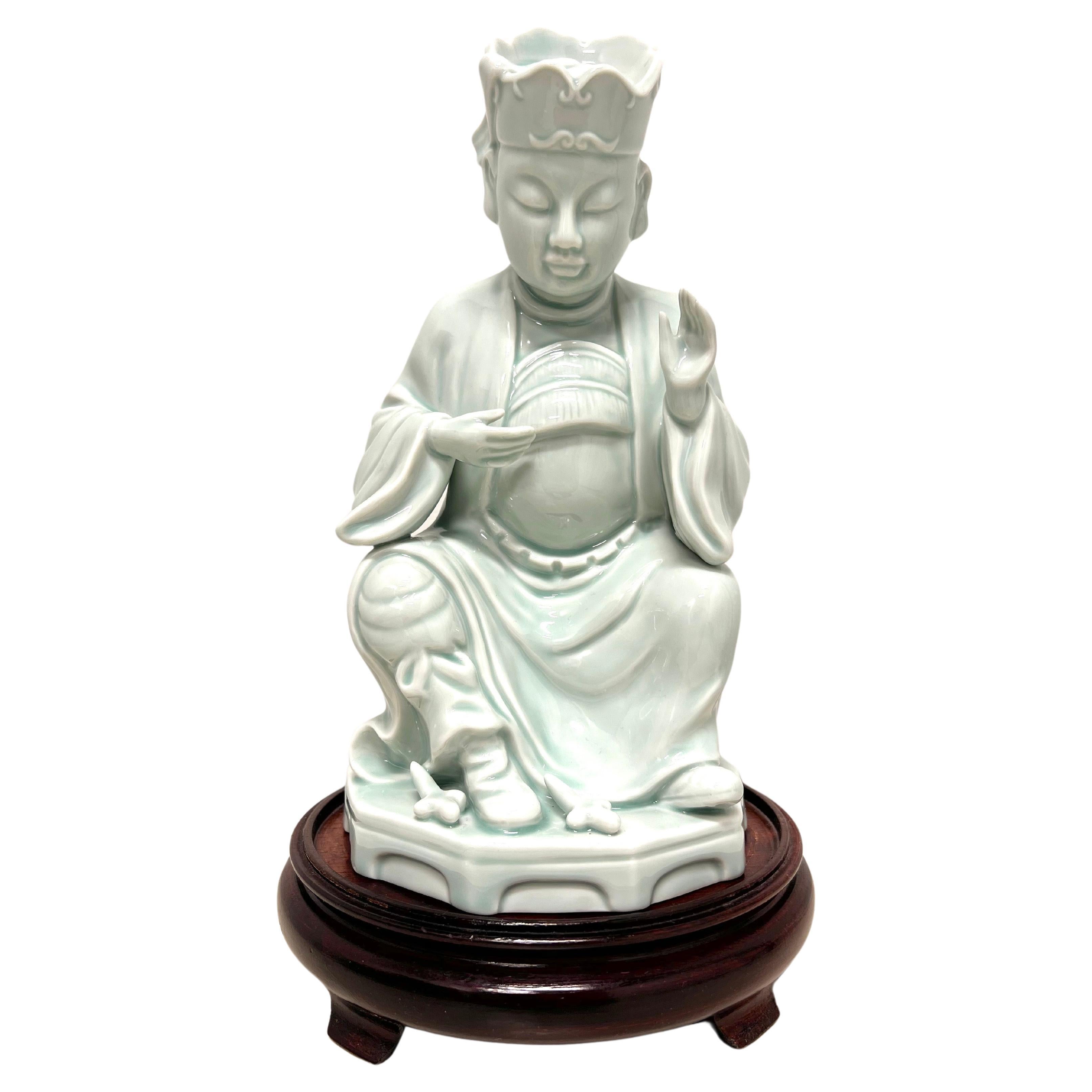 ANDREA BY SADEK Blue Porcelain Buddha Figurine on Stand For Sale