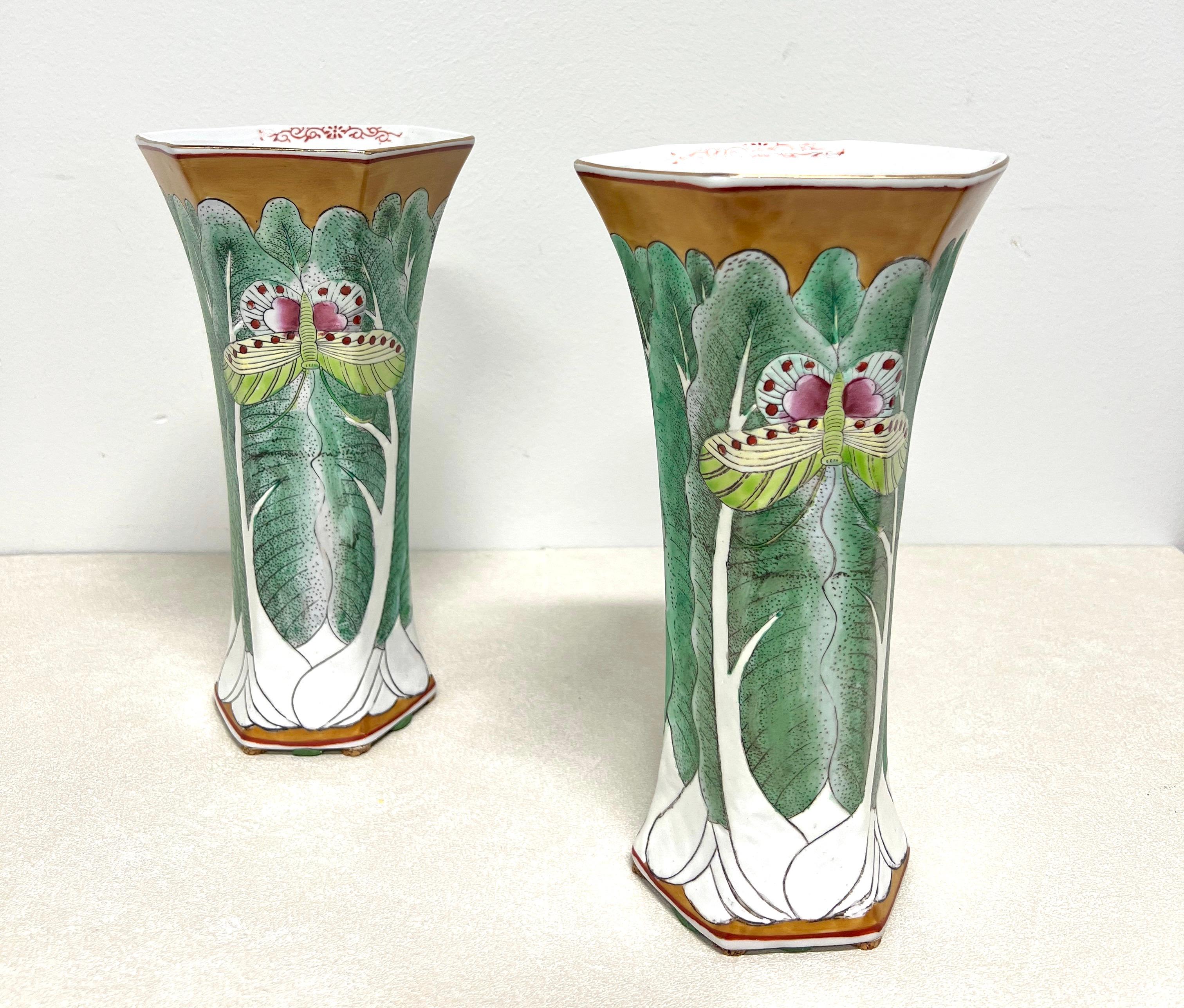 ANDREA BY SADEK Porcelain Chinoiserie Famille Vert Bok Choy Butterfly Vases-Pair For Sale 3