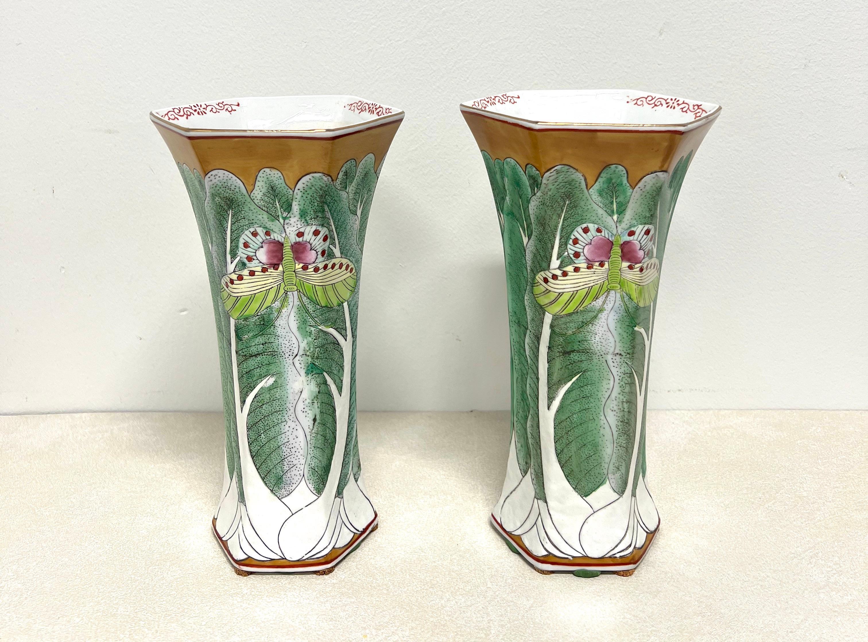 Asian ANDREA BY SADEK Porcelain Chinoiserie Famille Vert Bok Choy Butterfly Vases-Pair For Sale