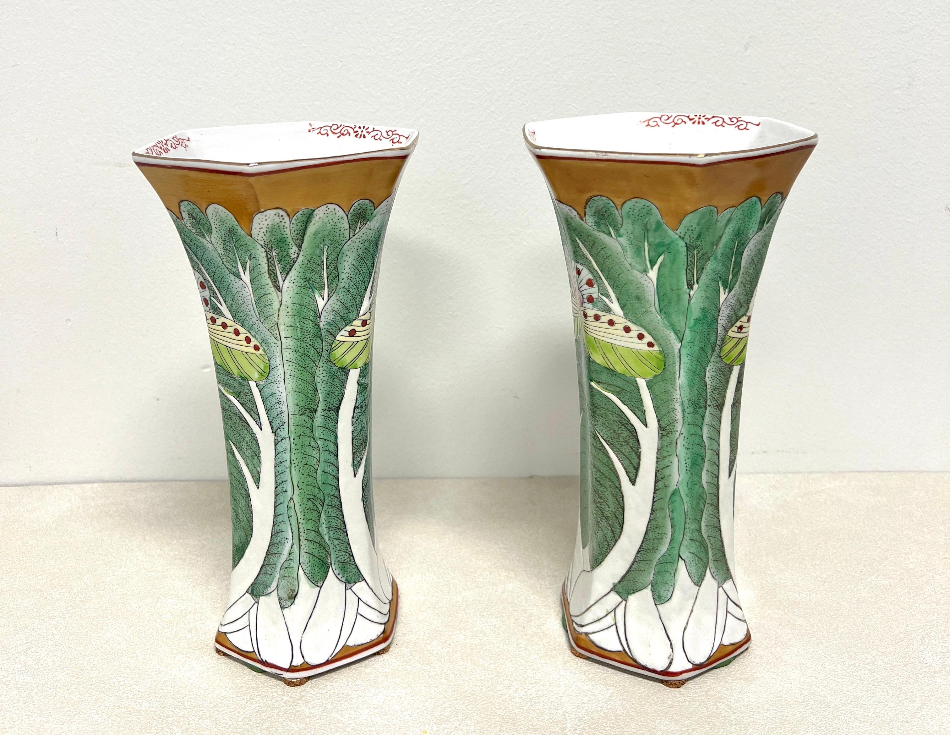 Hand-Painted ANDREA BY SADEK Porcelain Chinoiserie Famille Vert Bok Choy Butterfly Vases-Pair For Sale