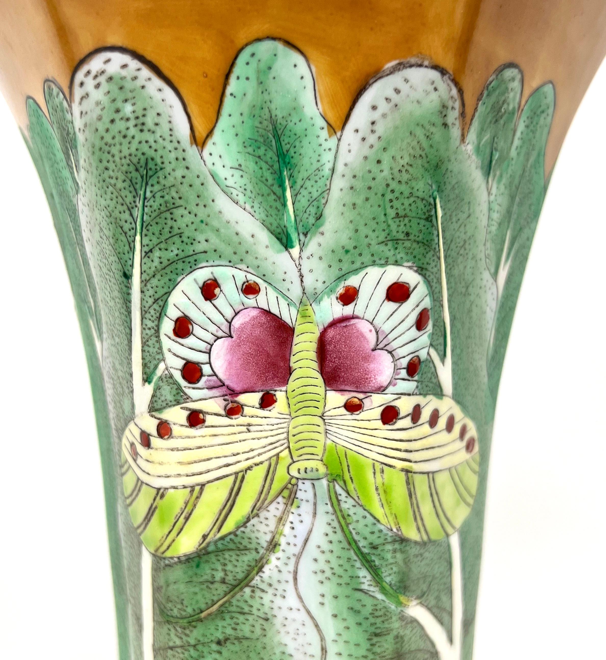 20th Century ANDREA BY SADEK Porcelain Chinoiserie Famille Vert Bok Choy Butterfly Vases-Pair For Sale