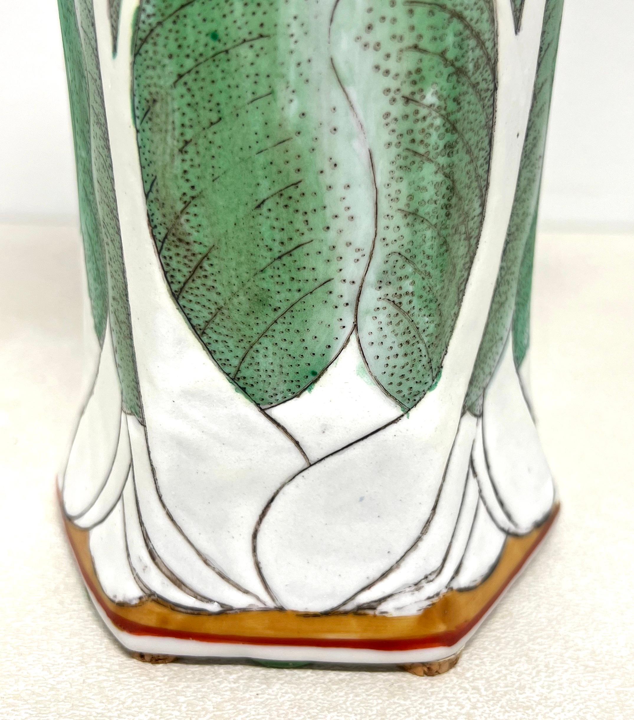ANDREA BY SADEK Porcelain Chinoiserie Famille Vert Bok Choy Butterfly Vases-Pair For Sale 1