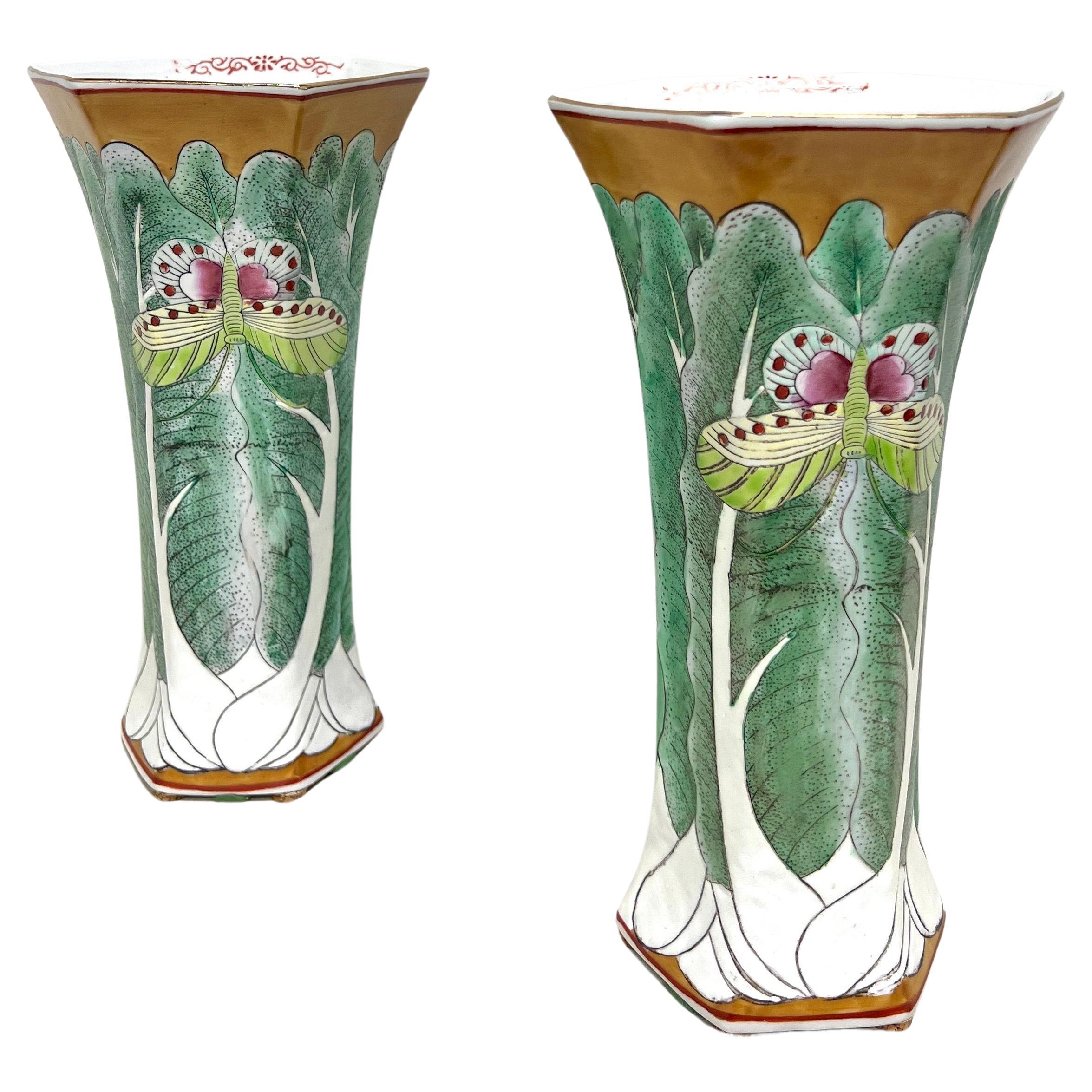 ANDREA BY SADEK Porcelain Chinoiserie Famille Vert Bok Choy Butterfly Vases-Pair For Sale