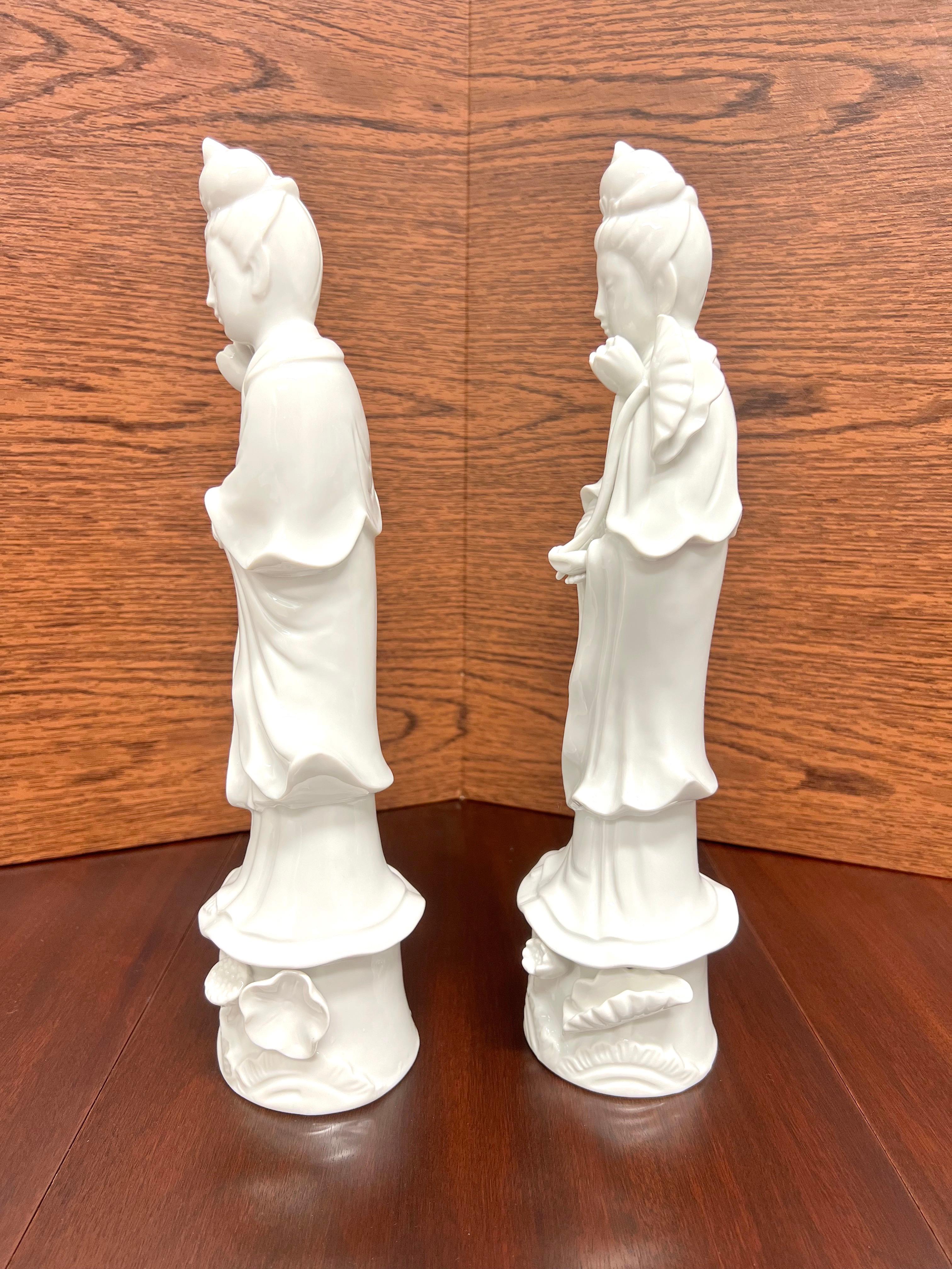 Chinoiserie ANDREA BY SADEK White Porcelain Quan Yin Goddess of Mercy Figurines - Pair For Sale