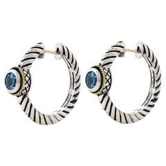Andrea Candela Blue Topaz Hoop Earrings - Sterling 925 & Yellow Gold 18k Pierced