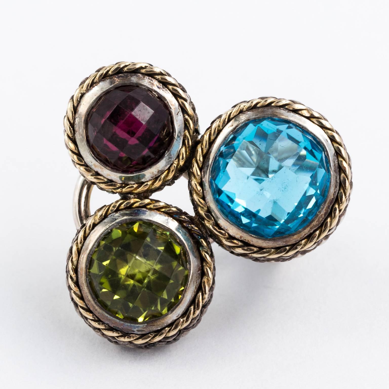 Sterling-18 Karats-Semi Precious Stones-Andrea Candela vintage earrings-18 karat-sterling silver-blue topaz-green tourmaline-amethyst-semi precious stones, pierced back.