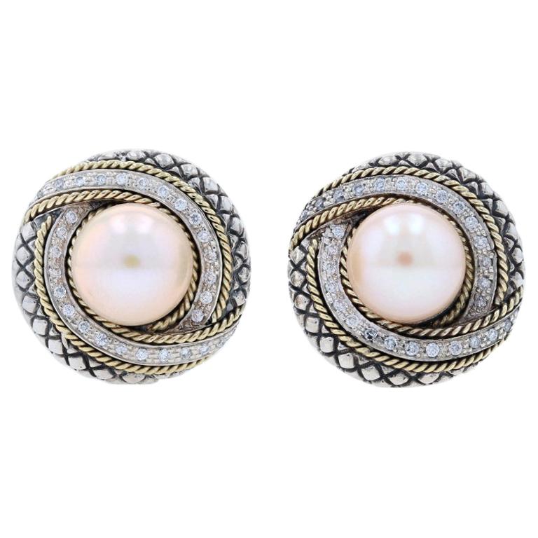 Andrea Candela Marbella Cultured Pearl Diamond Earrings Silver 18k Gold.48 Carat For Sale