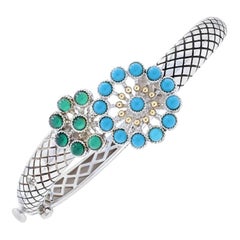 Andrea Candela Turquoise and Chalcedony Flower Bangle Bracelet, 925 and 18 Karat