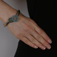 Andrea Candela Turquoise and Chalcedony Flower Bangle Bracelet, 925 and 18 Karat