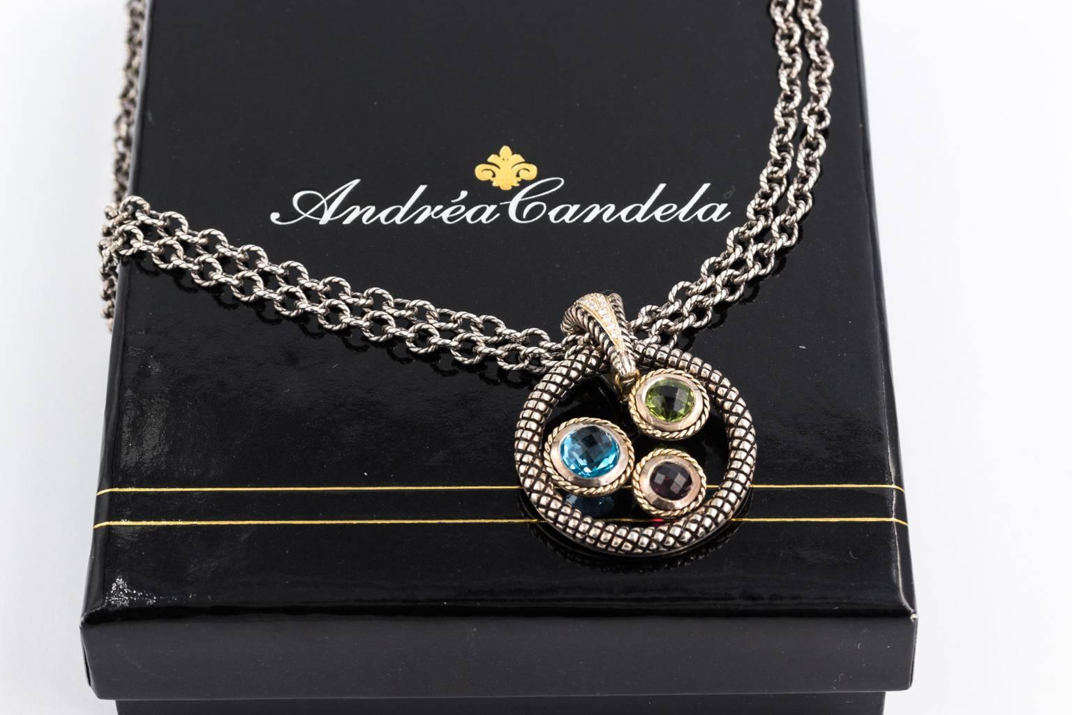 18 Karat-Sterling-Stones-Andrea Candela 20 inch necklace-sterling silver-18 karat pave diamonds-semi precious stones-blue topaz-green tourmaline-amethyst.