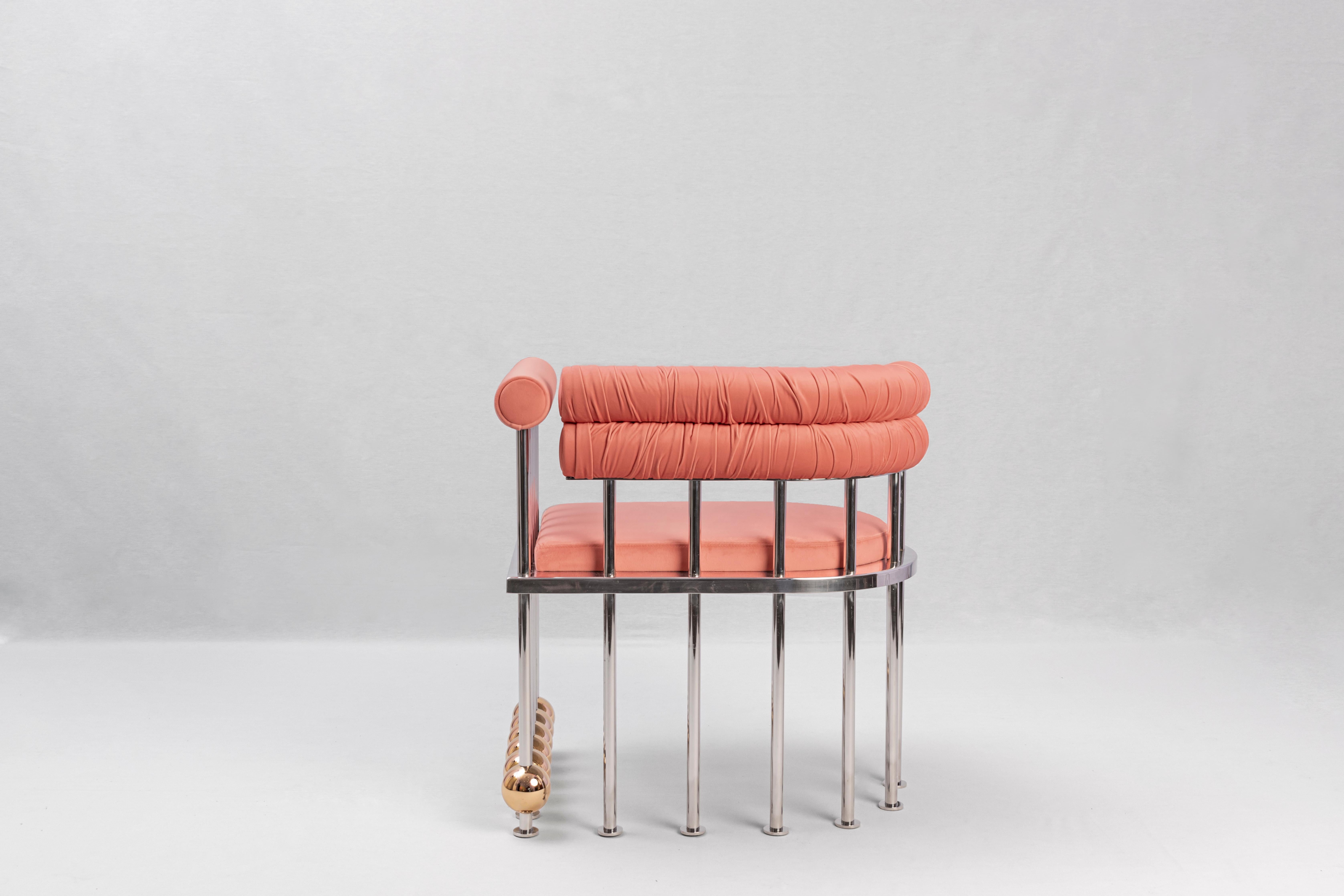 Modern Andrea Chair - Coral Pink Velvet with Silver and Gold Accents by Masquespacio For Sale