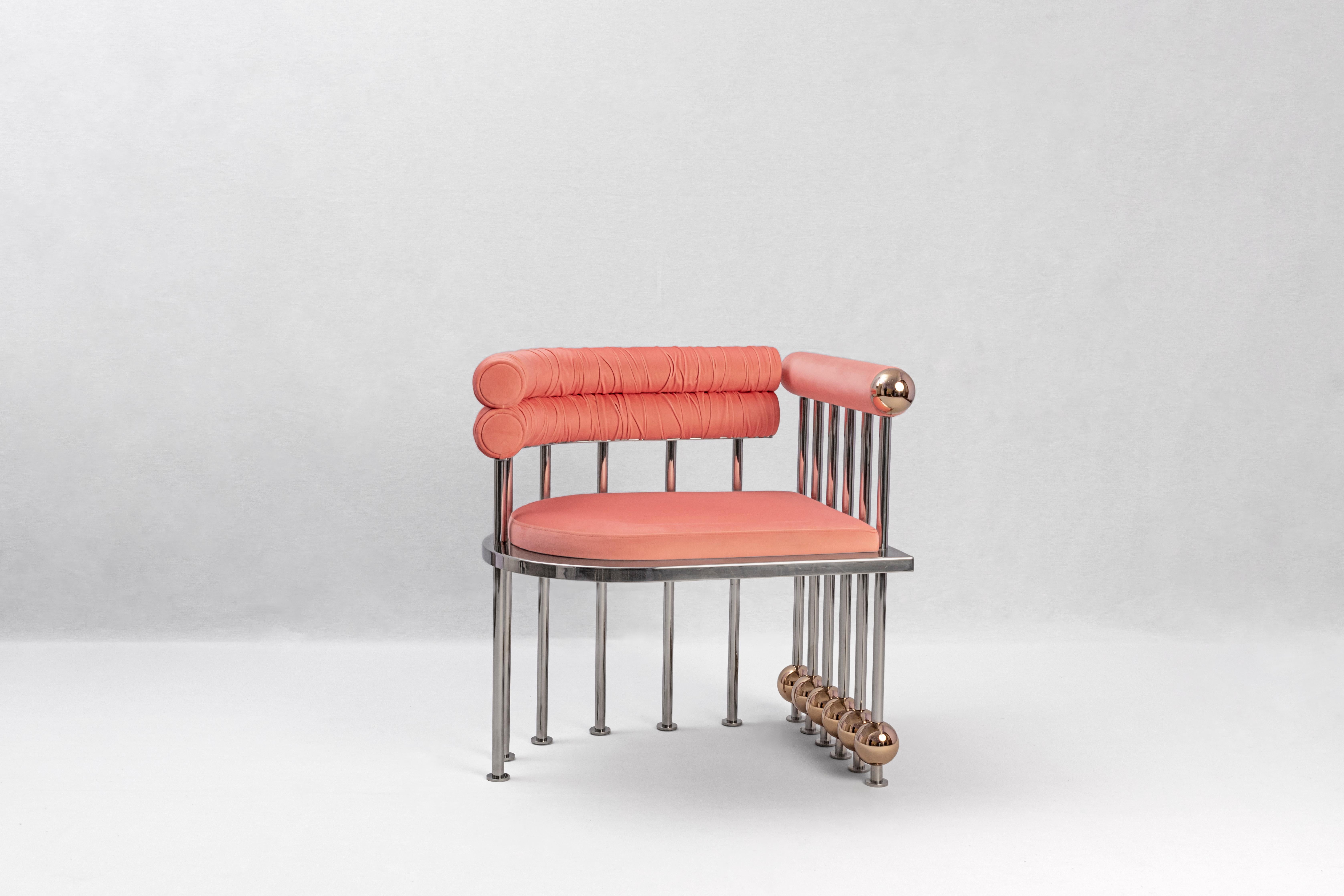 Polished Andrea Chair - Coral Pink Velvet with Silver and Gold Accents by Masquespacio For Sale
