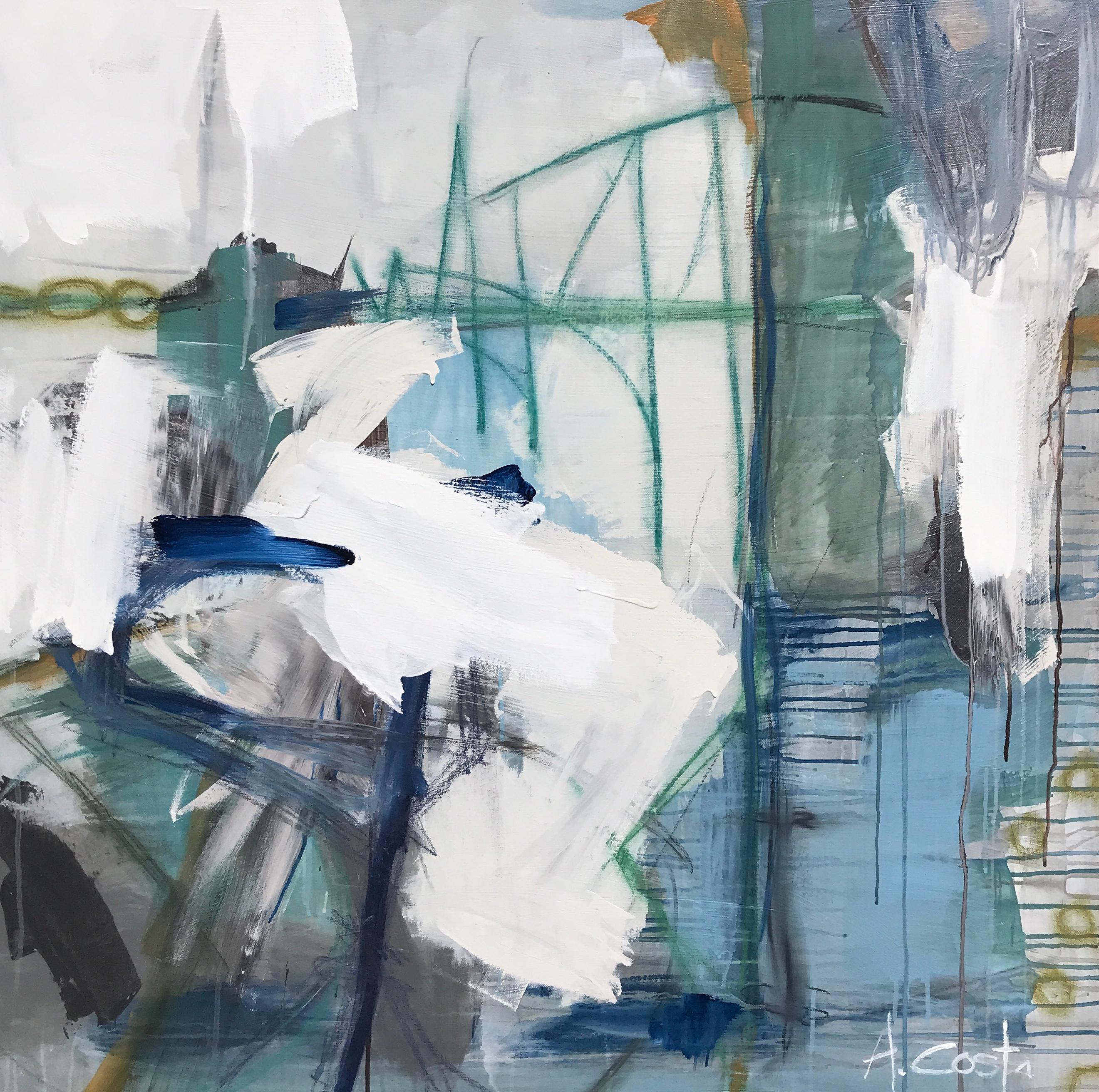 'Amazing Day' is a large abstract oil on gesso painting of square format created by American artist Andrea Costa in 2019. Featuring a palette made of blue, white, grey and green tones, the painting presents a joyous arrangement of colors and bold