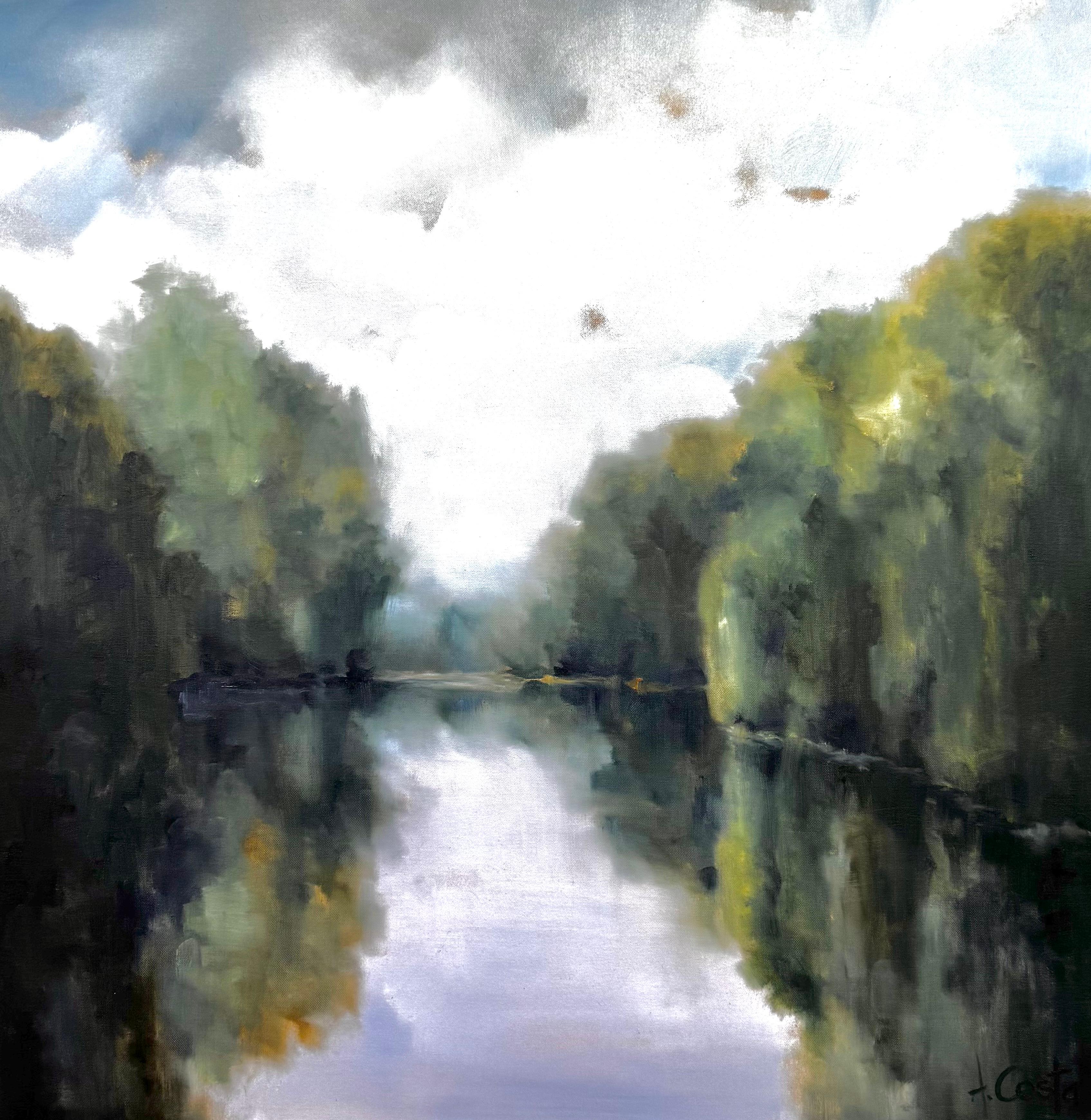 Blue River Landscape Painting Square Contemporary Coastal Wall Art