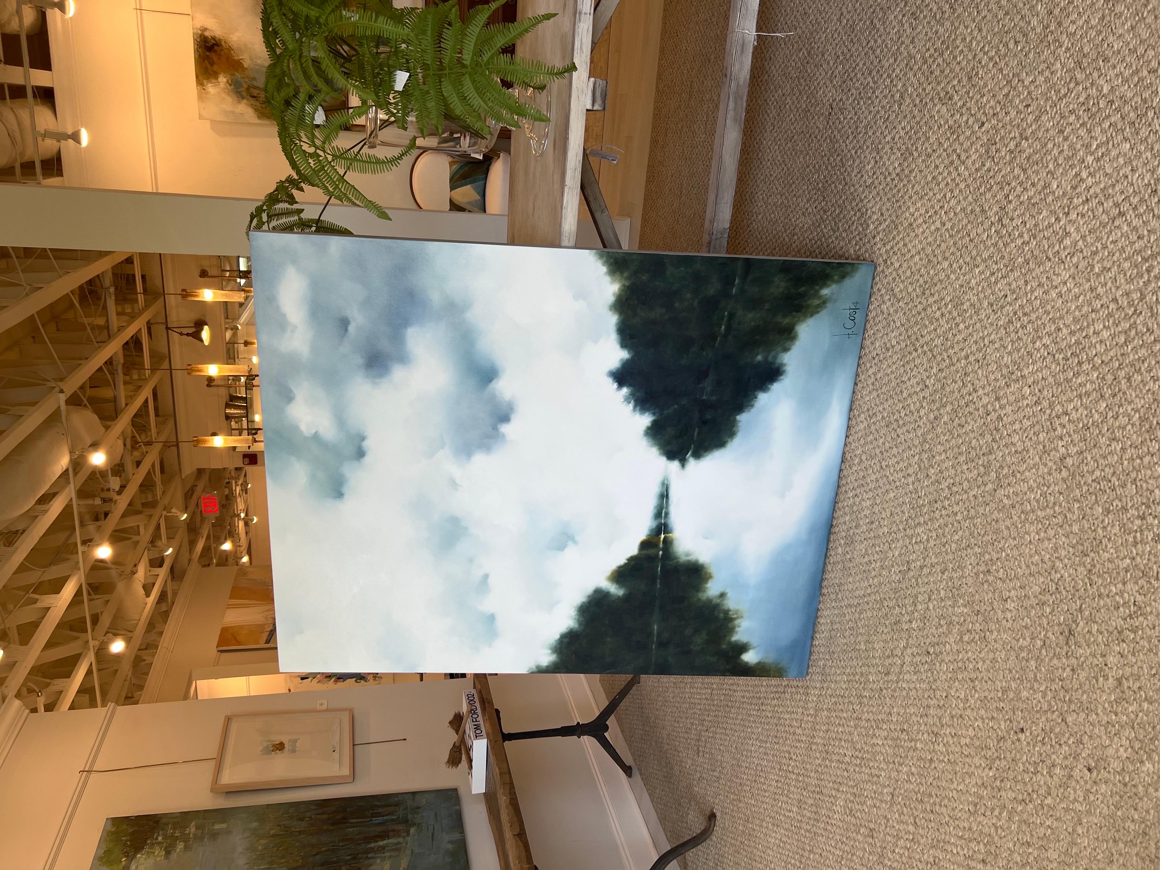 Blue Sky Day di Andrea Costa, pittura ad olio verticale di paesaggio impressionista 1