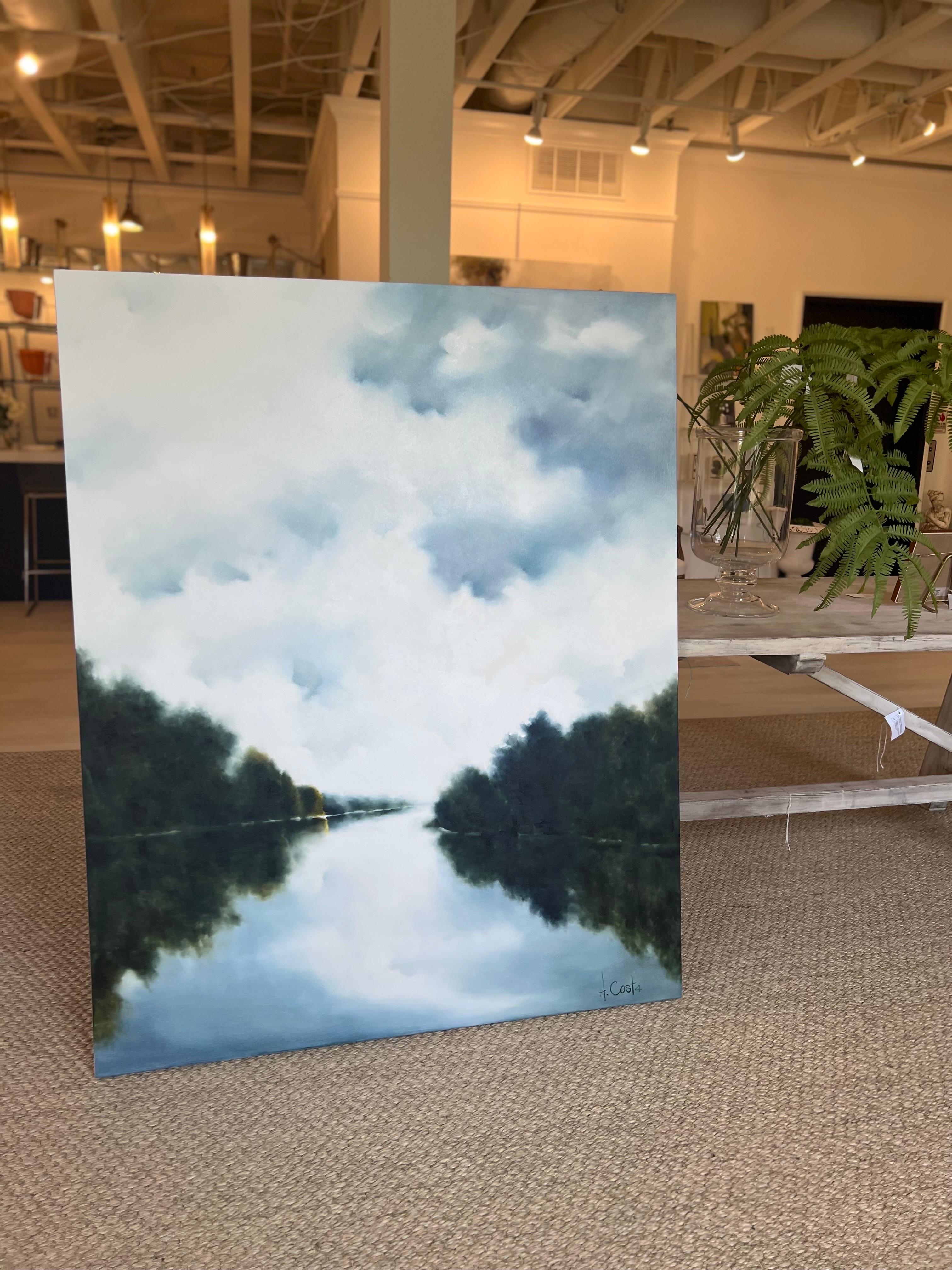 Blue Sky Day di Andrea Costa, pittura ad olio verticale di paesaggio impressionista 2