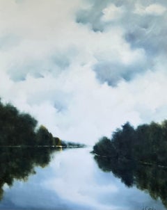 Blue Sky Day d'Andrea Costa, peinture à l'huile impressionniste verticale d'un paysage