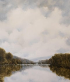 Nacido Libre: Gran pintura al óleo de paisaje fluvial atmosférico de Andrea Costa