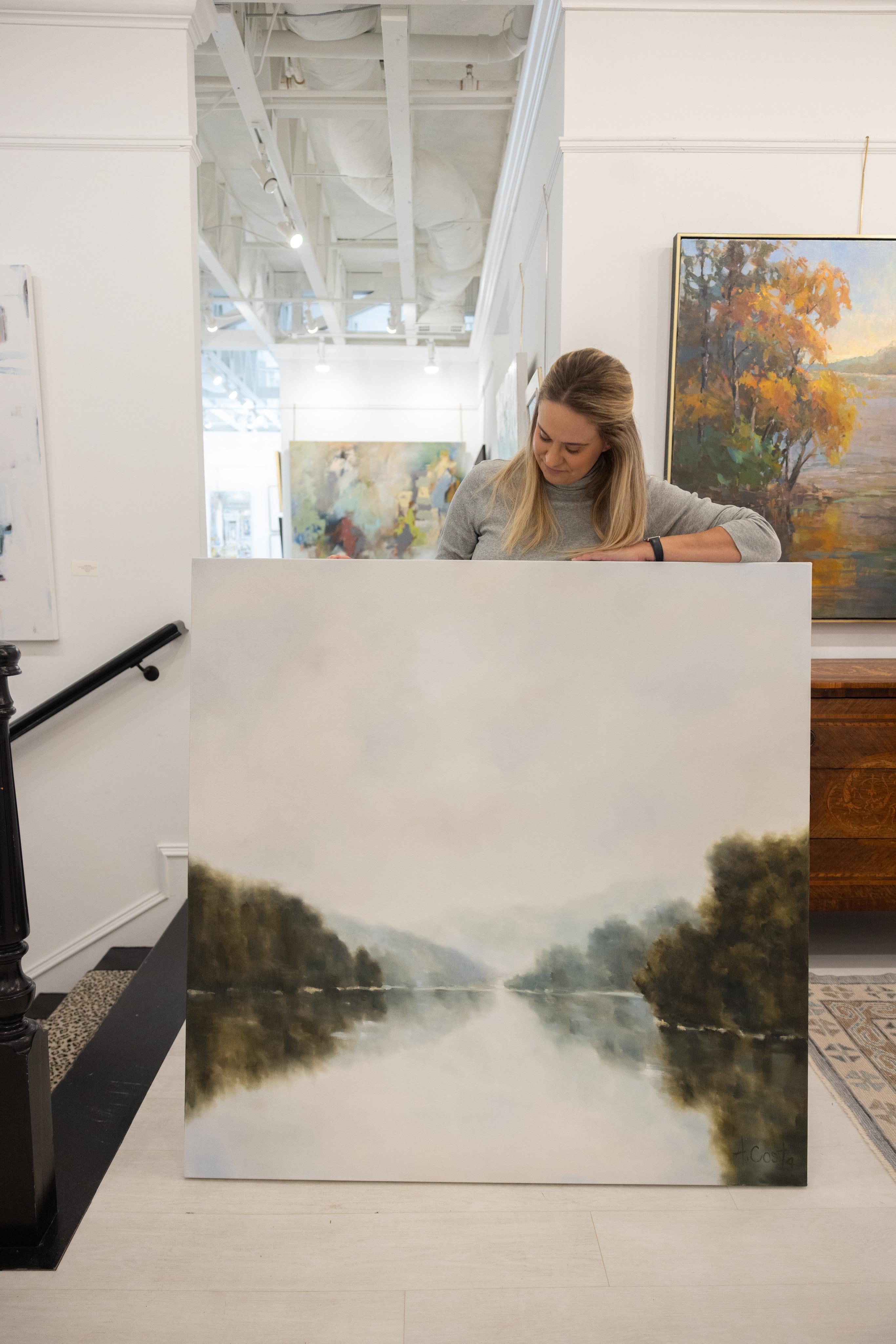 Distant Mountain by Andrea Costa, Landscape Lake, Water Oil Painting Square 1