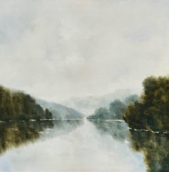 Distant Mountain by Andrea Costa, Landscape Lake, Water Oil Painting Square