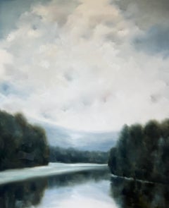 Soirée sur le lac par Andrea Costa, grande peinture à l'huile impressionniste de paysage