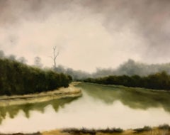 Fishing Lake by Andrea Costa, Large Impressionist Landscape Oil Painting