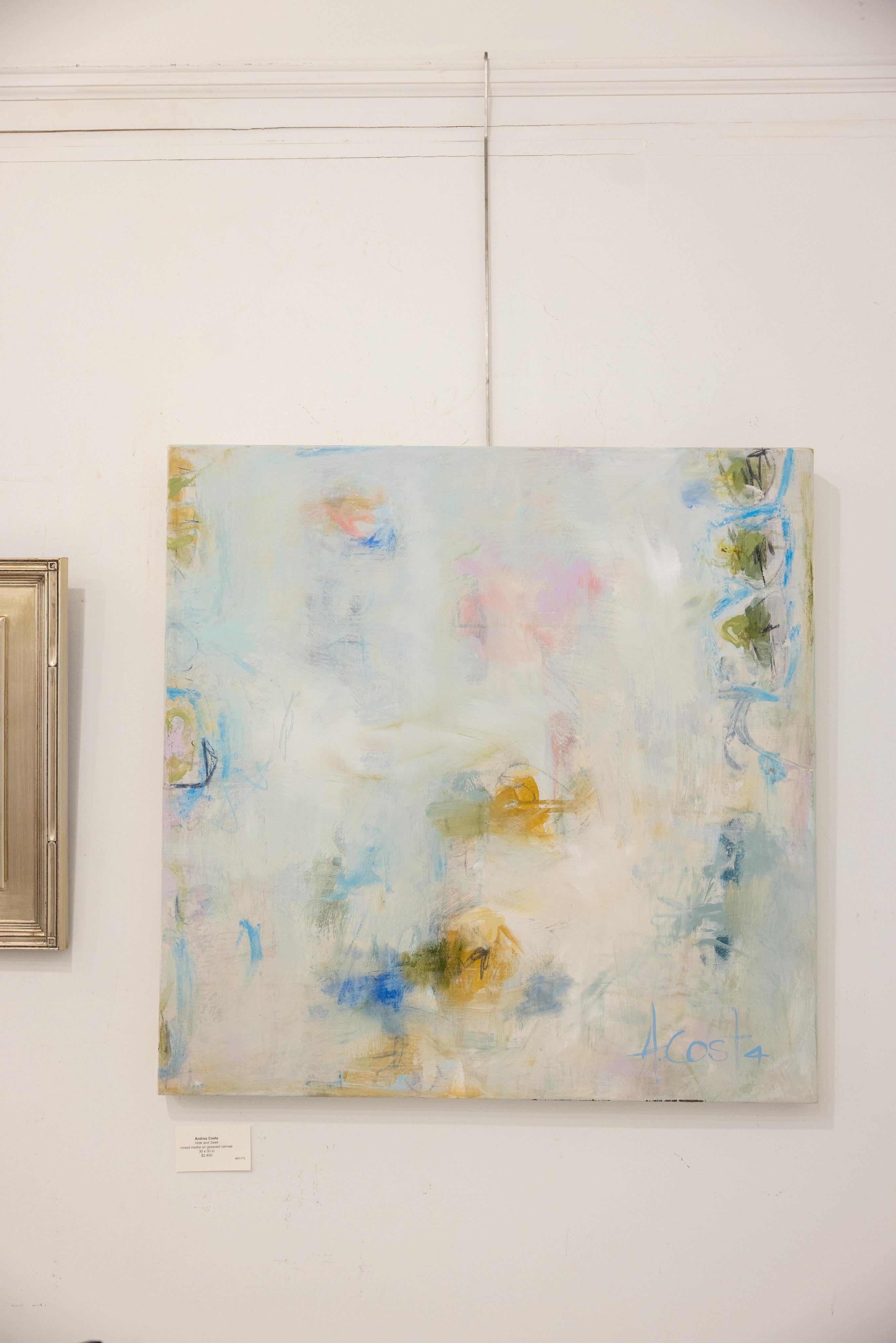 Hide and Seek di Andrea Costa, pittura a olio astratta quadrata di grandi dimensioni in rosa e blu 1