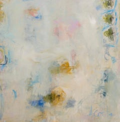 Hide and Seek di Andrea Costa, pittura a olio astratta quadrata di grandi dimensioni in rosa e blu