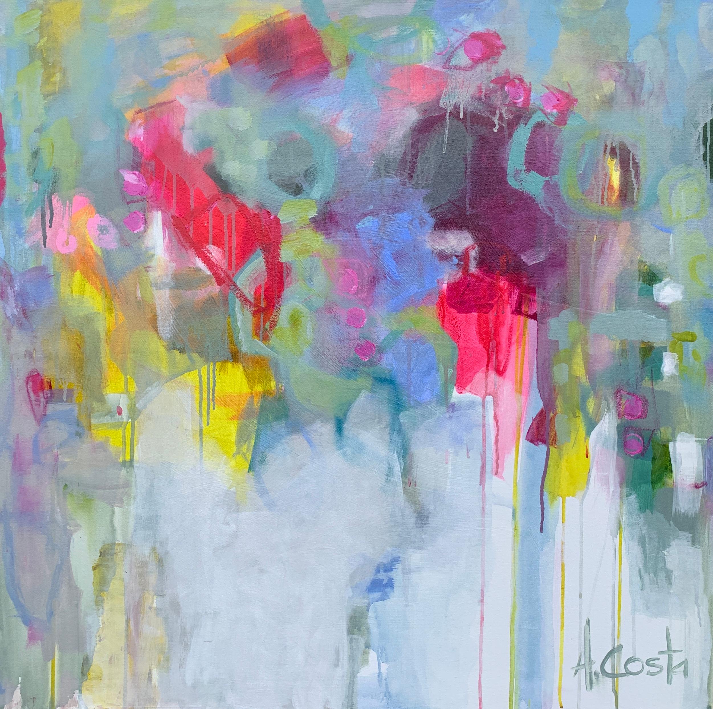 'Joy 1' is a large abstract oil on gesso painting of square format created by American artist Andrea Costa in 2020. Featuring a palette made of blue, pink, purple, yellow and green tones, the painting presents a joyous arrangement of colors and bold