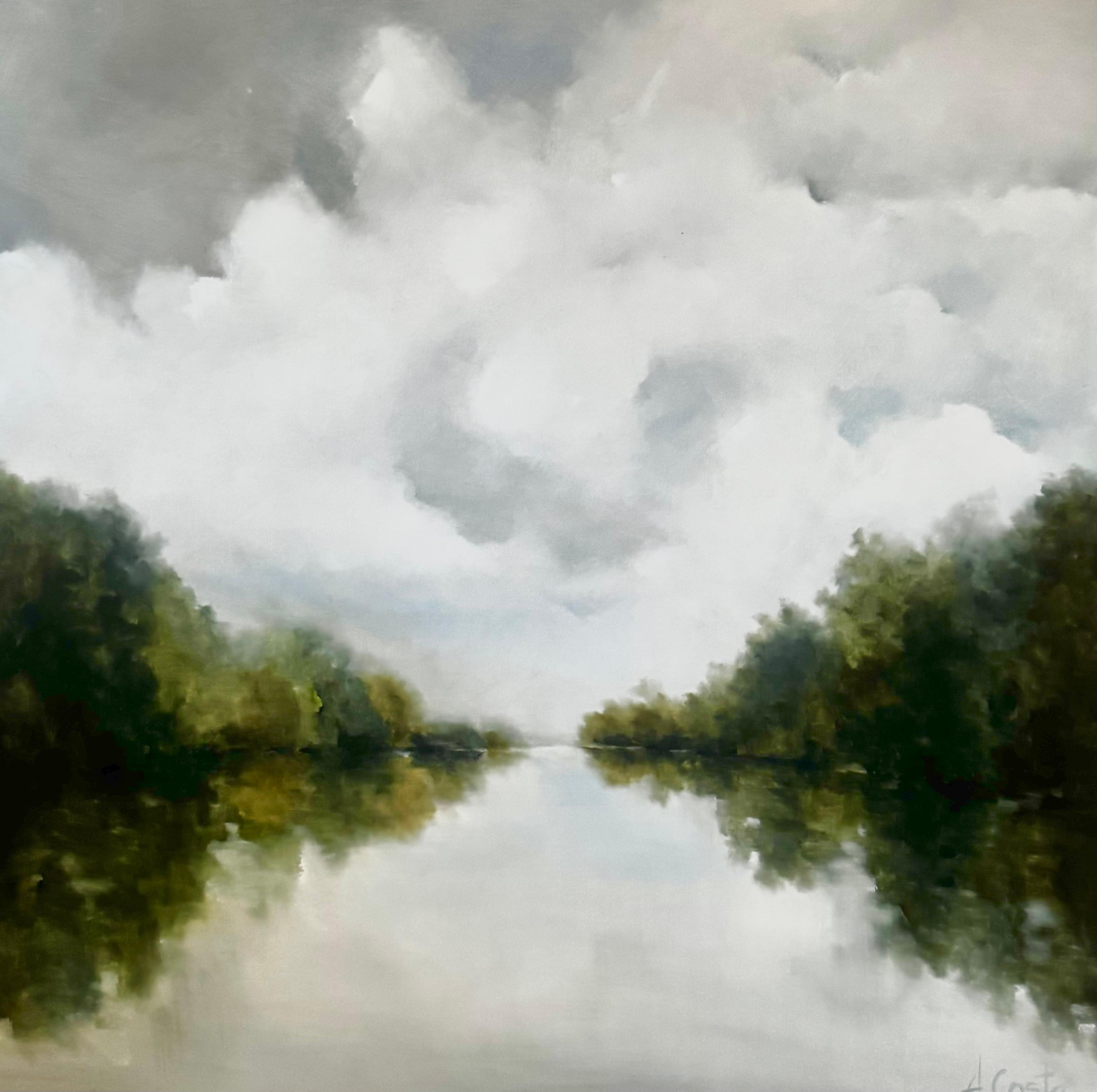 Andrea Costa Landscape Painting - Large Square Lake Reflection Painting Blue Abstract Landscape Art