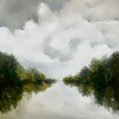 Large Square Lake Reflection Painting Blue Abstract Landscape Art