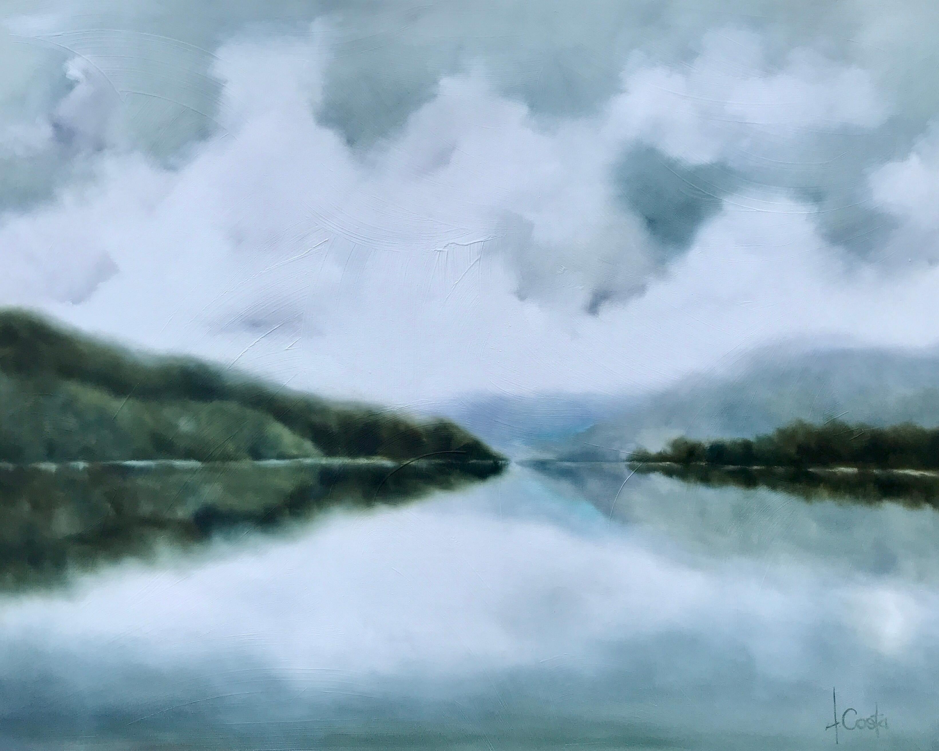 'Lost in Thought' is a large Impressionist oil on gessoed canvas landscape painting created by American artist Andrea Costa in 2018. Featuring a soft palette mostly made of grey, purple, green light blue and white colors, this horizontal painting
