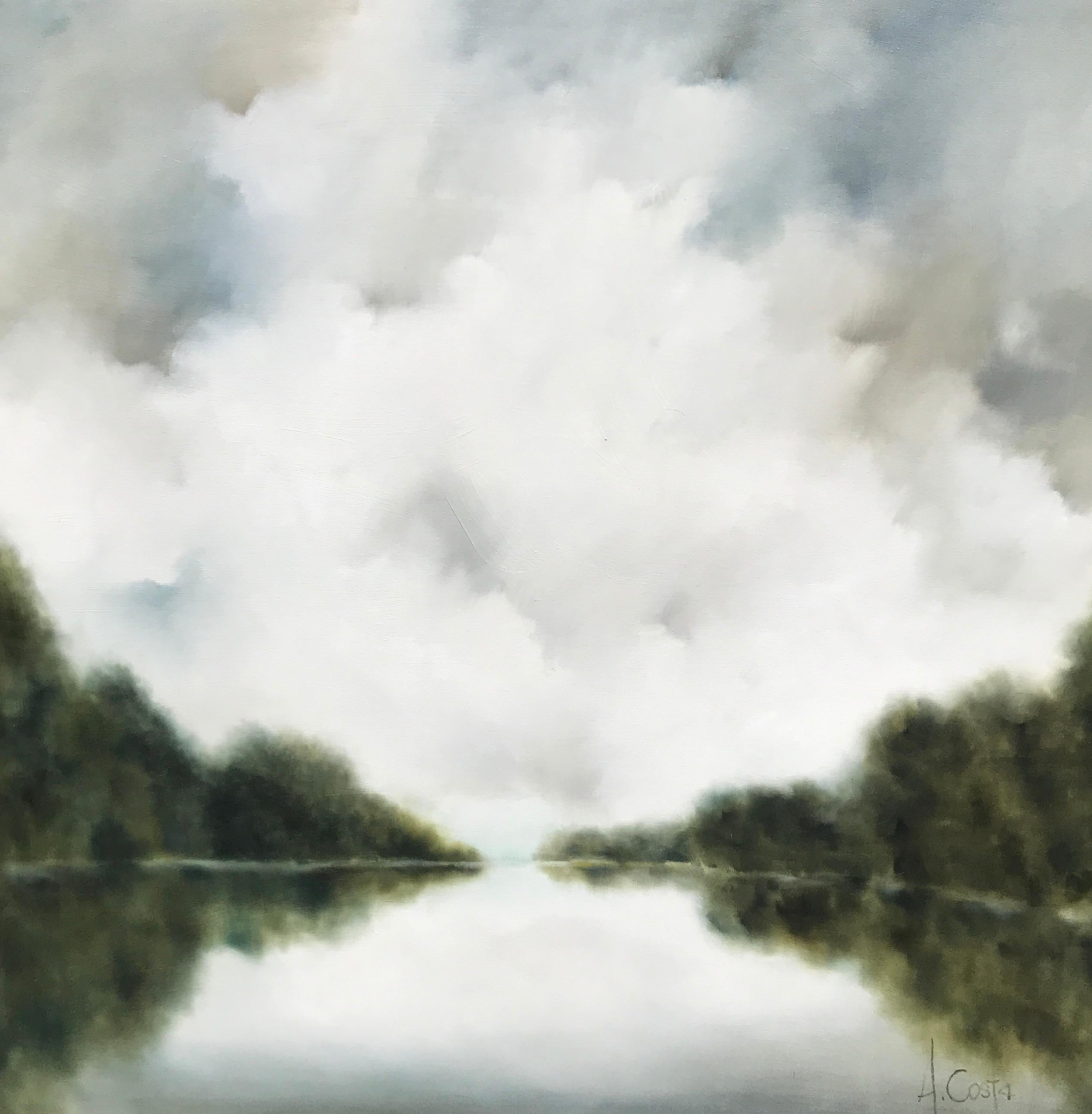 'More than This' is a large Impressionist oil on gessoed canvas landscape painting created by American artist Andrea Costa in 2019. Featuring a soft palette mostly made of grey, white, blue and green tones, the painting depicts a peaceful and