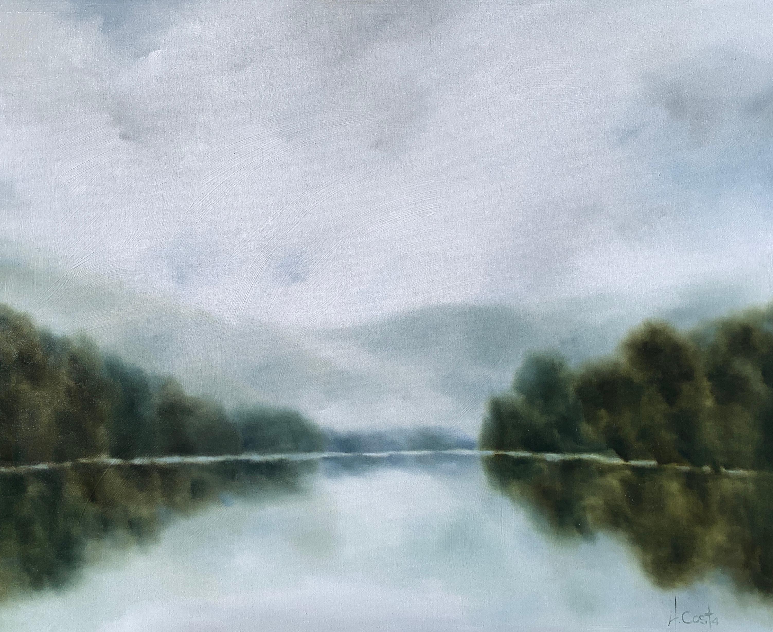 'Morning Air' is a large Impressionist oil on gessoed canvas landscape painting created by American artist Andrea Costa in 2020. Featuring a soft palette mostly made of grey, purple, green light blue and white colors, this horizontal painting exudes