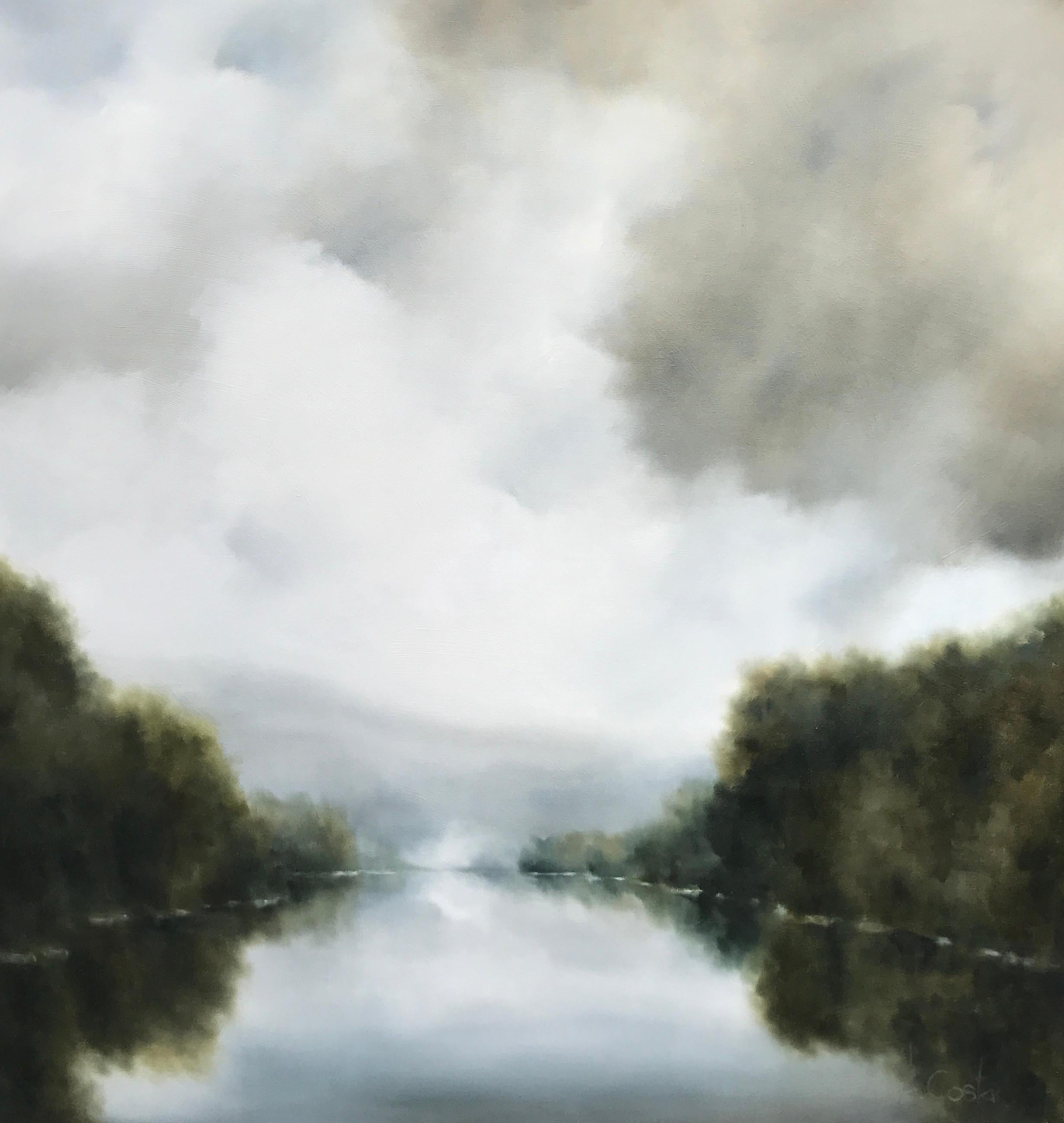'Morning Greetings' is a large Impressionist oil on gessoed canvas landscape painting created by American artist Andrea Costa in 2018. Featuring a soft palette mostly made of grey, white, blue and green tones, the painting depicts a peaceful yet