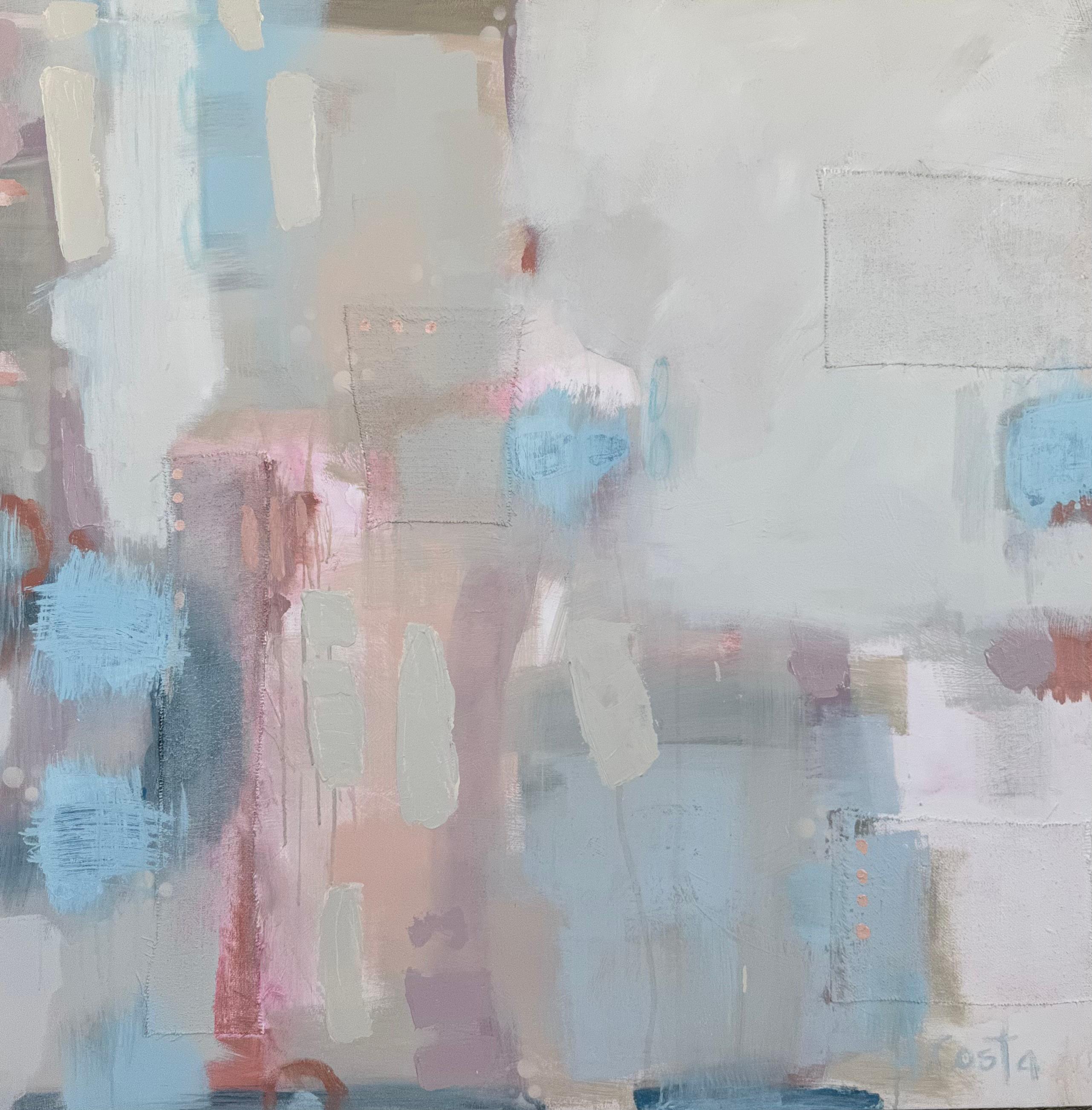 Outside the Lines di Andrea Costa, Quadro astratto a olio con rosa e blu