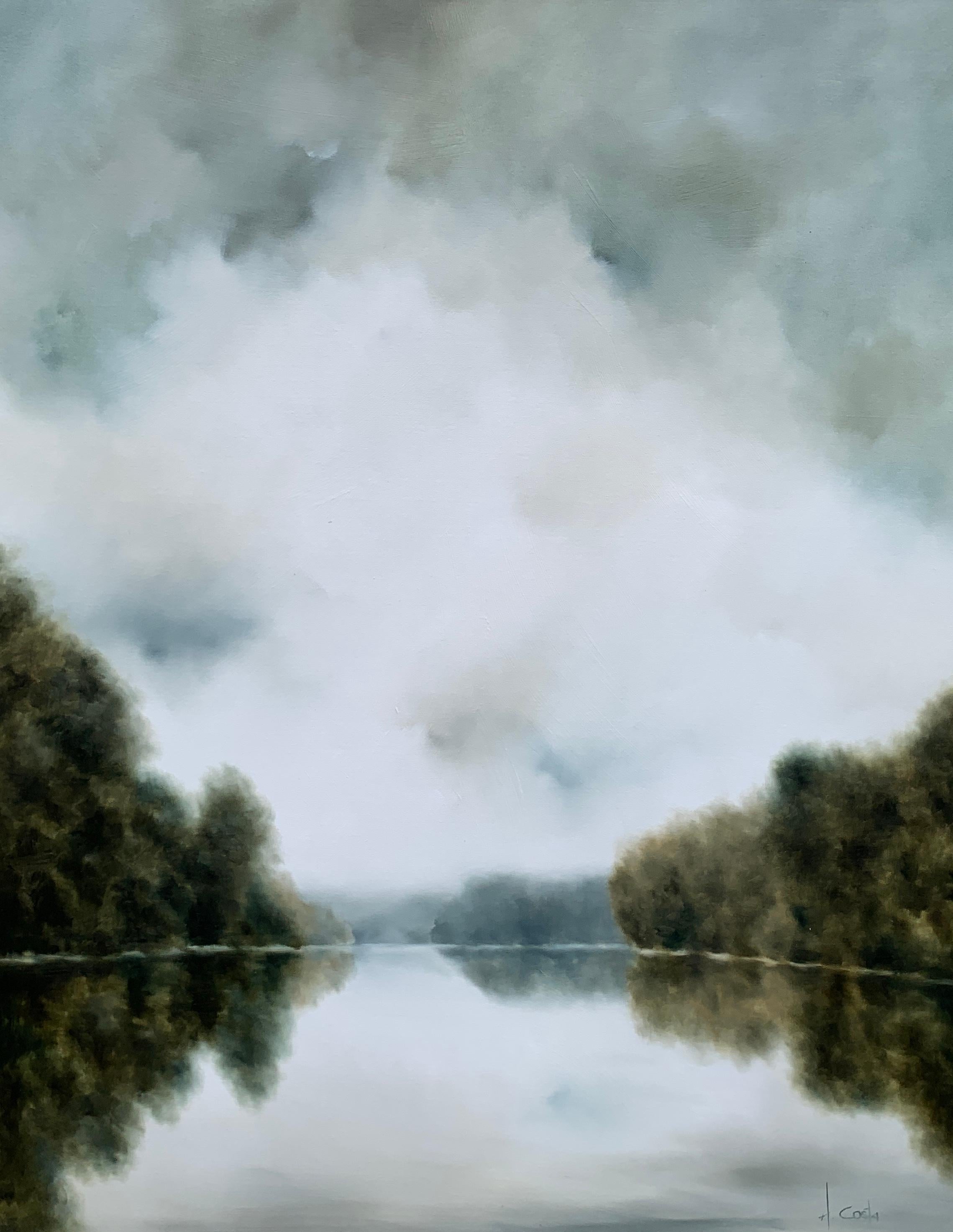 'River Basin' is a large Impressionist oil on gessoed canvas landscape painting created by American artist Andrea Costa in 2020. Featuring a soft palette mostly made of grey, white, blue and green tones, the painting depicts a peaceful and luminous