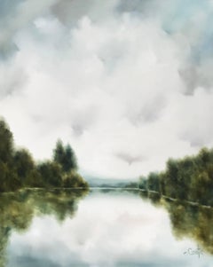 Shhh, Large Vertical Impressionist Landscape Lake Painting