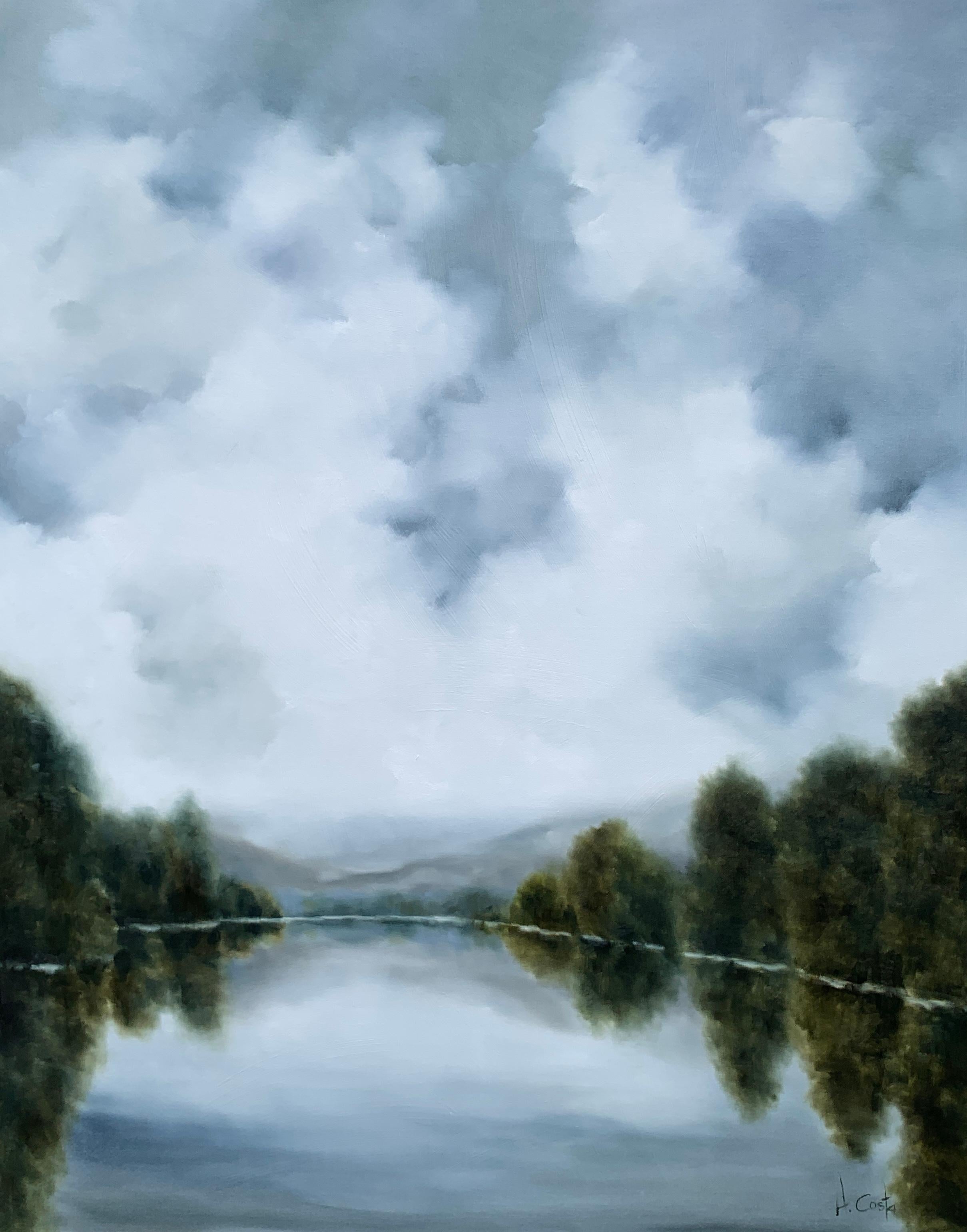 'Silver Lake' is a large Impressionist oil on gessoed canvas landscape painting created by American artist Andrea Costa in 2020. Featuring a soft palette mostly made of grey, white, blue and green tones, the painting depicts a peaceful and luminous